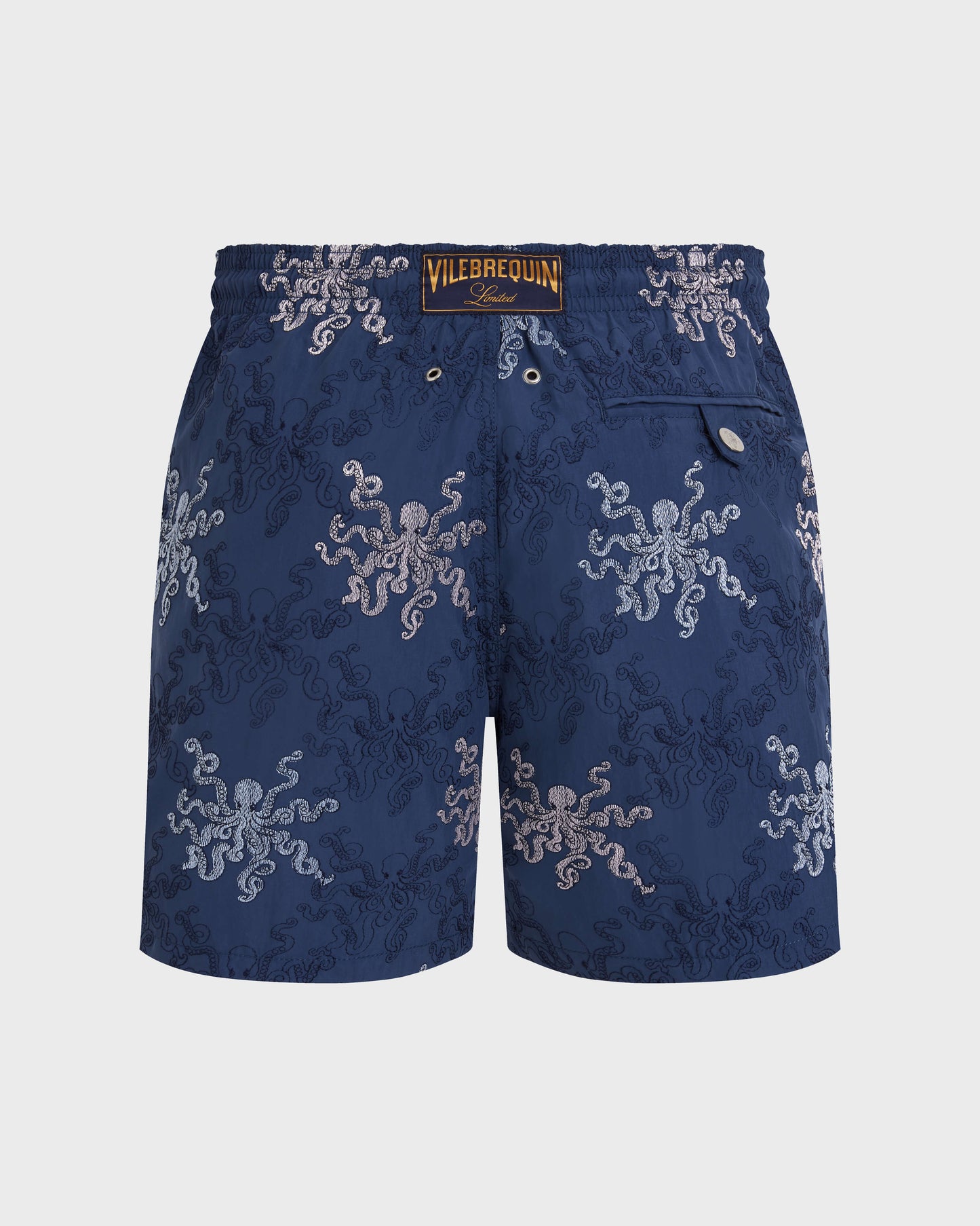 Vilebrequin Men Embroidered Swim Trunks Octopus in Stripes - Limited Edition - Blue Evening