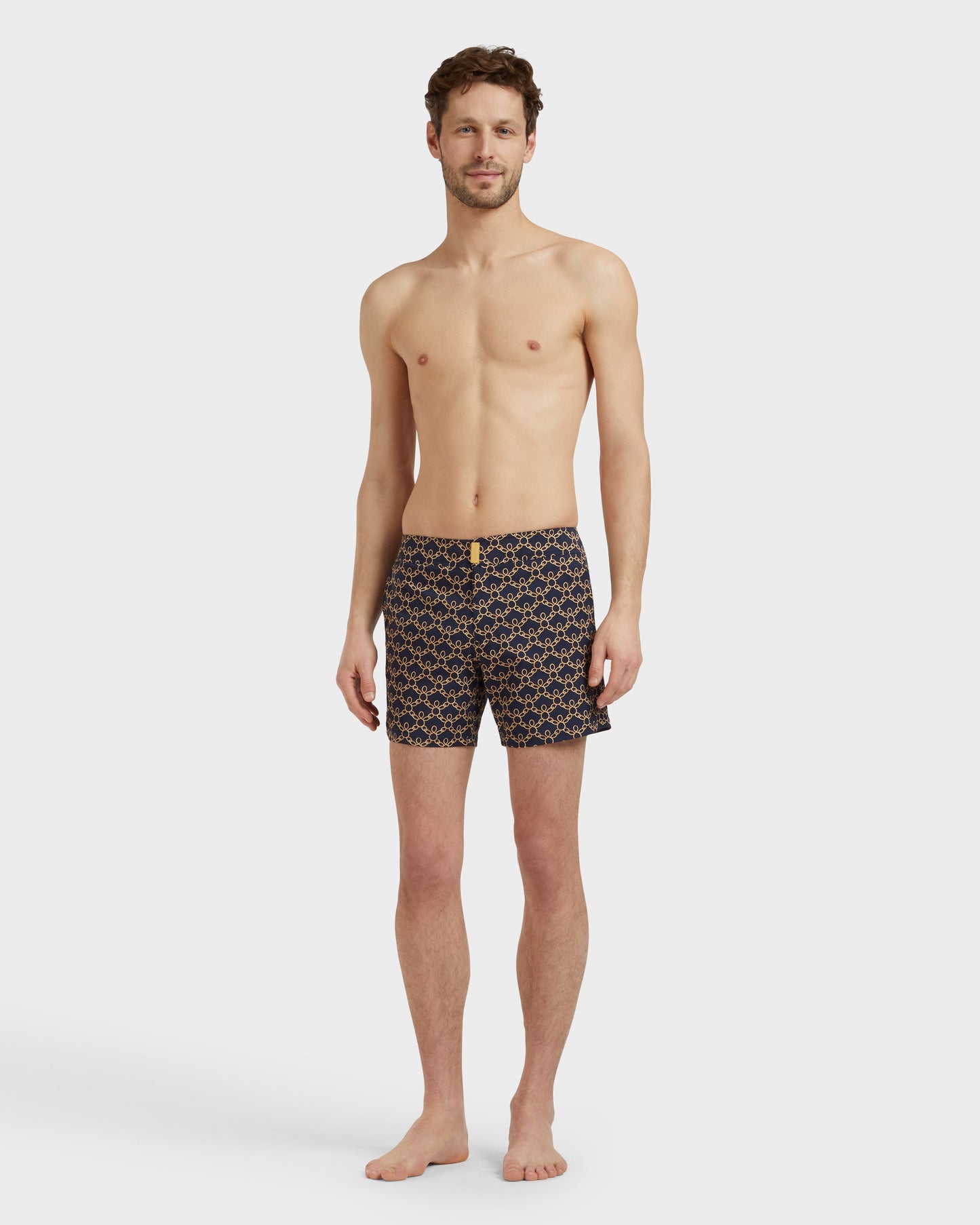 Vilebrequin Men Stretch Short Flat Belt Swim Shorts Turtles Chain - Blue Navy
