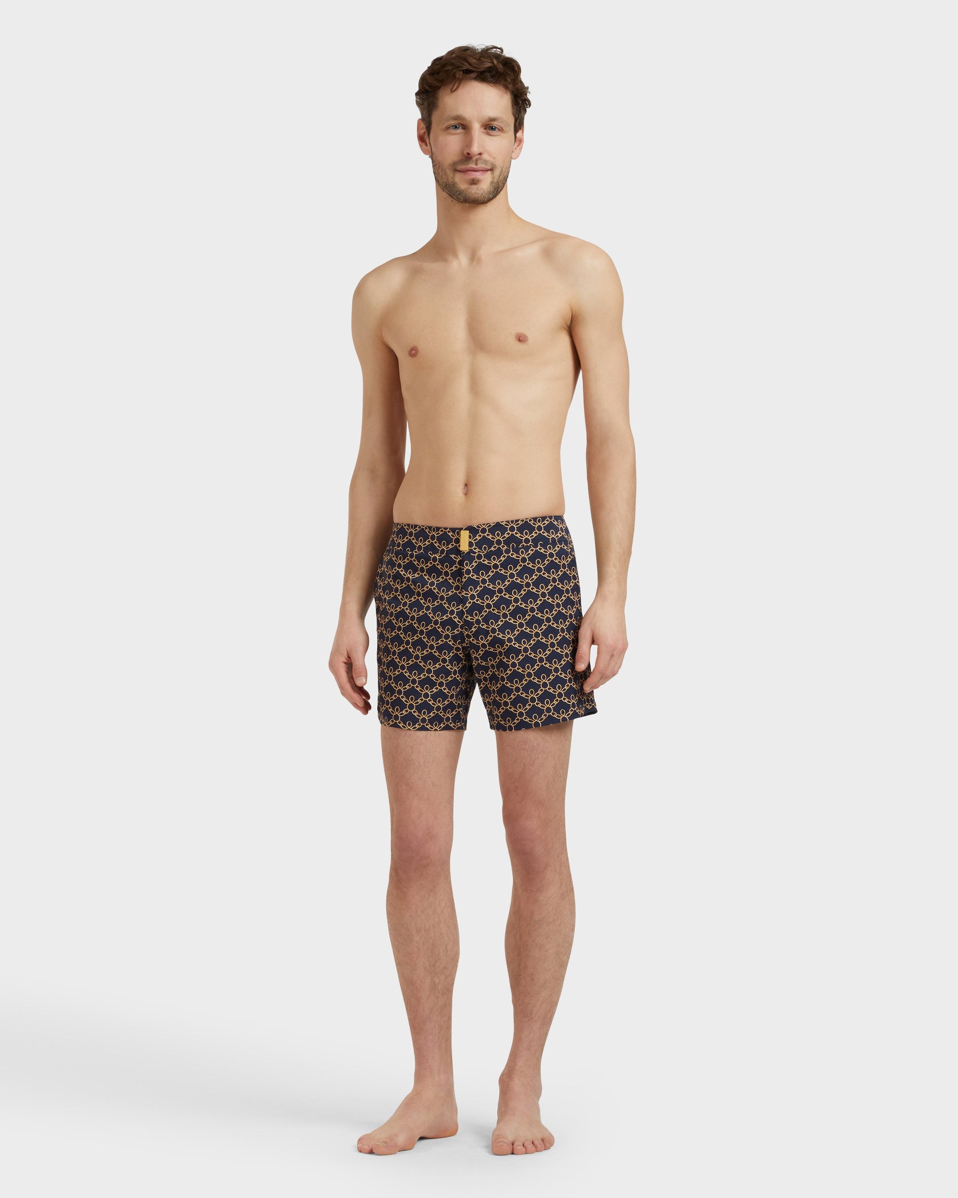 Vilebrequin Men Stretch Short Flat Belt Swim Shorts Turtles Chain - Blue Navy