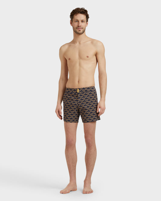 Vilebrequin Men Stretch Short Flat Belt Swim Shorts Turtles Chain - Blue Navy
