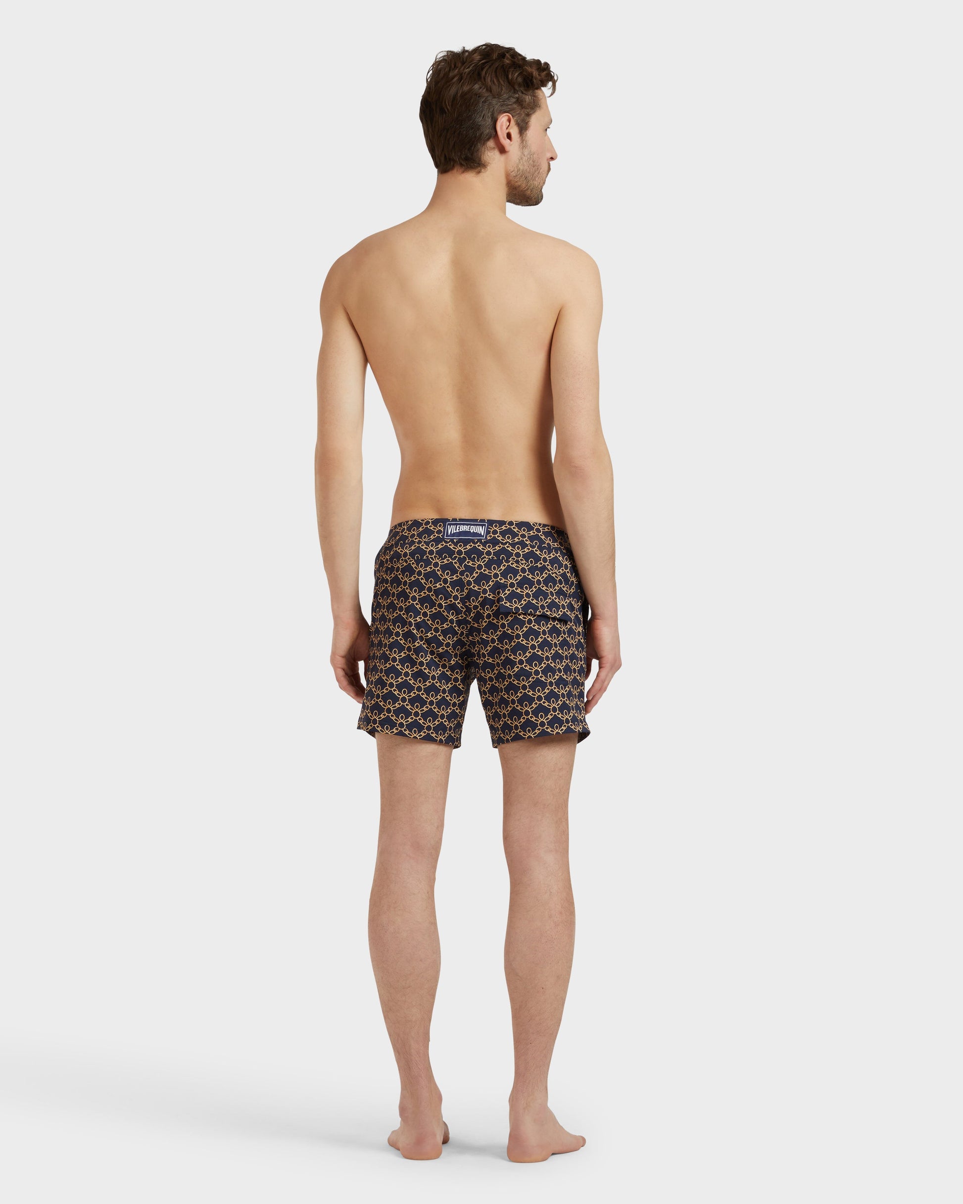 Vilebrequin Men Stretch Short Flat Belt Swim Shorts Turtles Chain - Blue Navy