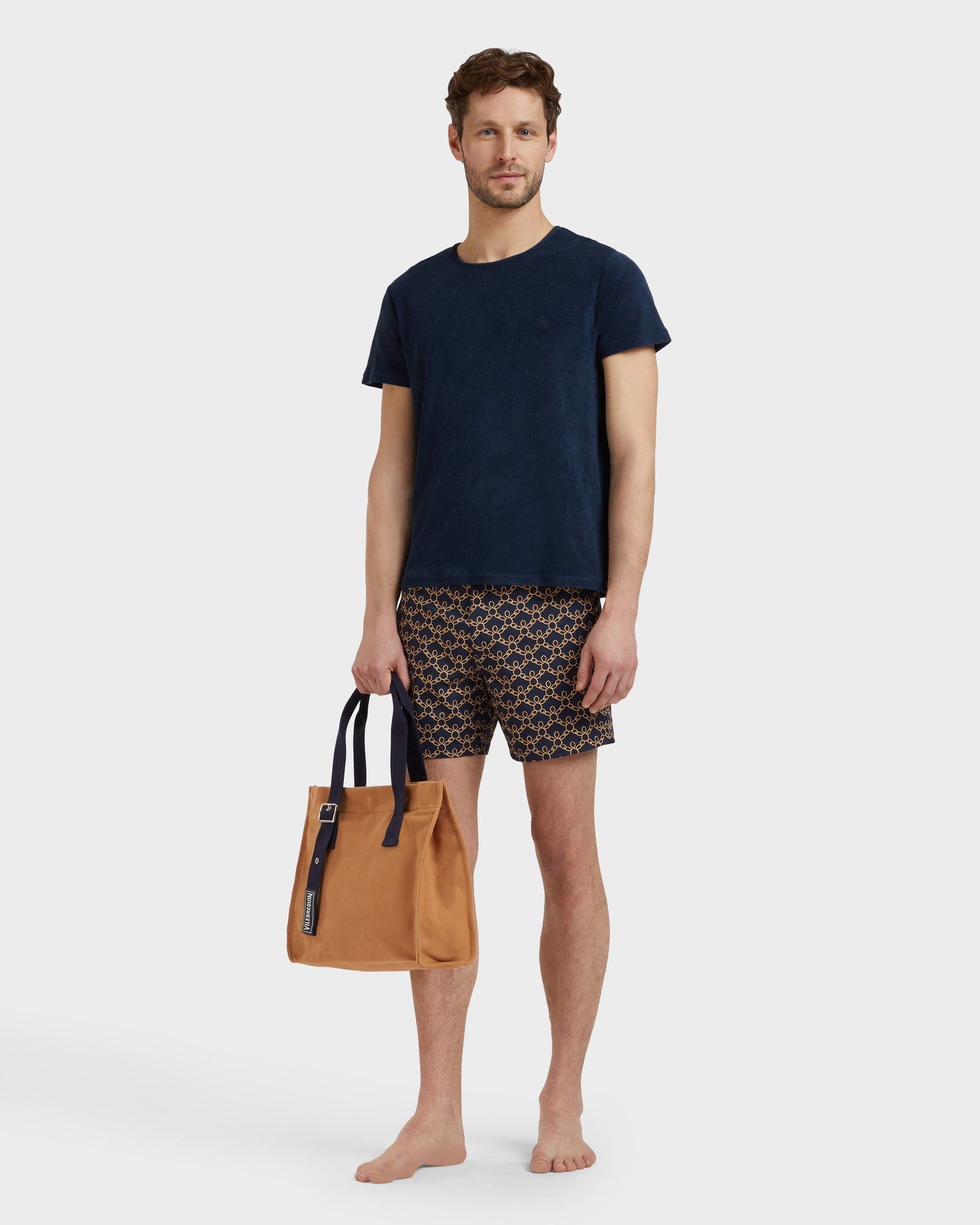 Vilebrequin Men Stretch Short Flat Belt Swim Shorts Turtles Chain - Blue Navy