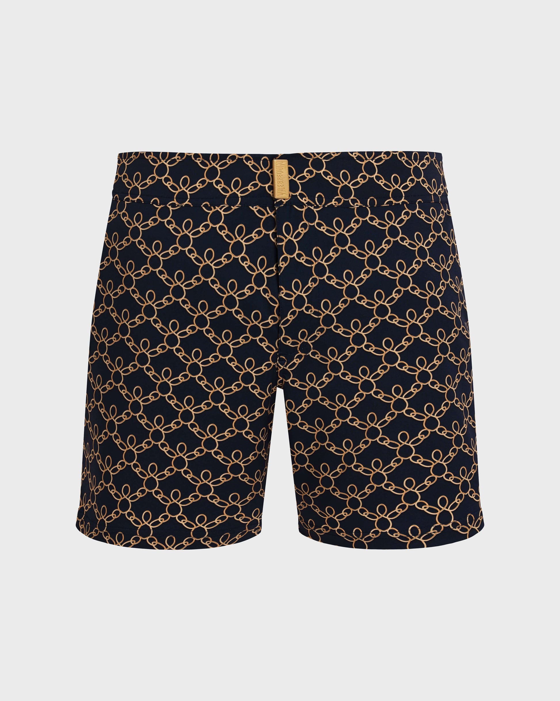 Vilebrequin Men Stretch Short Flat Belt Swim Shorts Turtles Chain - Blue Navy