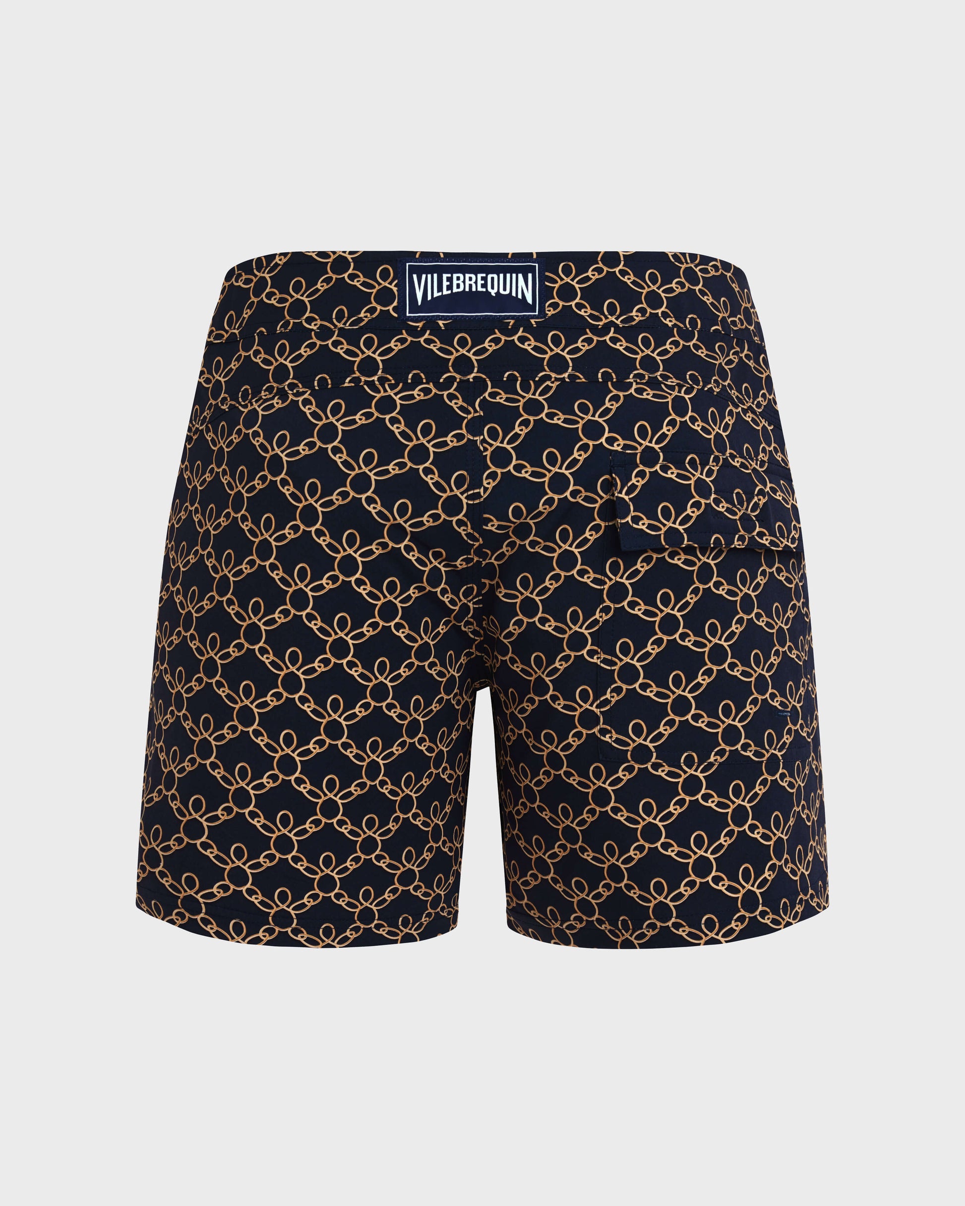 Vilebrequin Men Stretch Short Flat Belt Swim Shorts Turtles Chain - Blue Navy