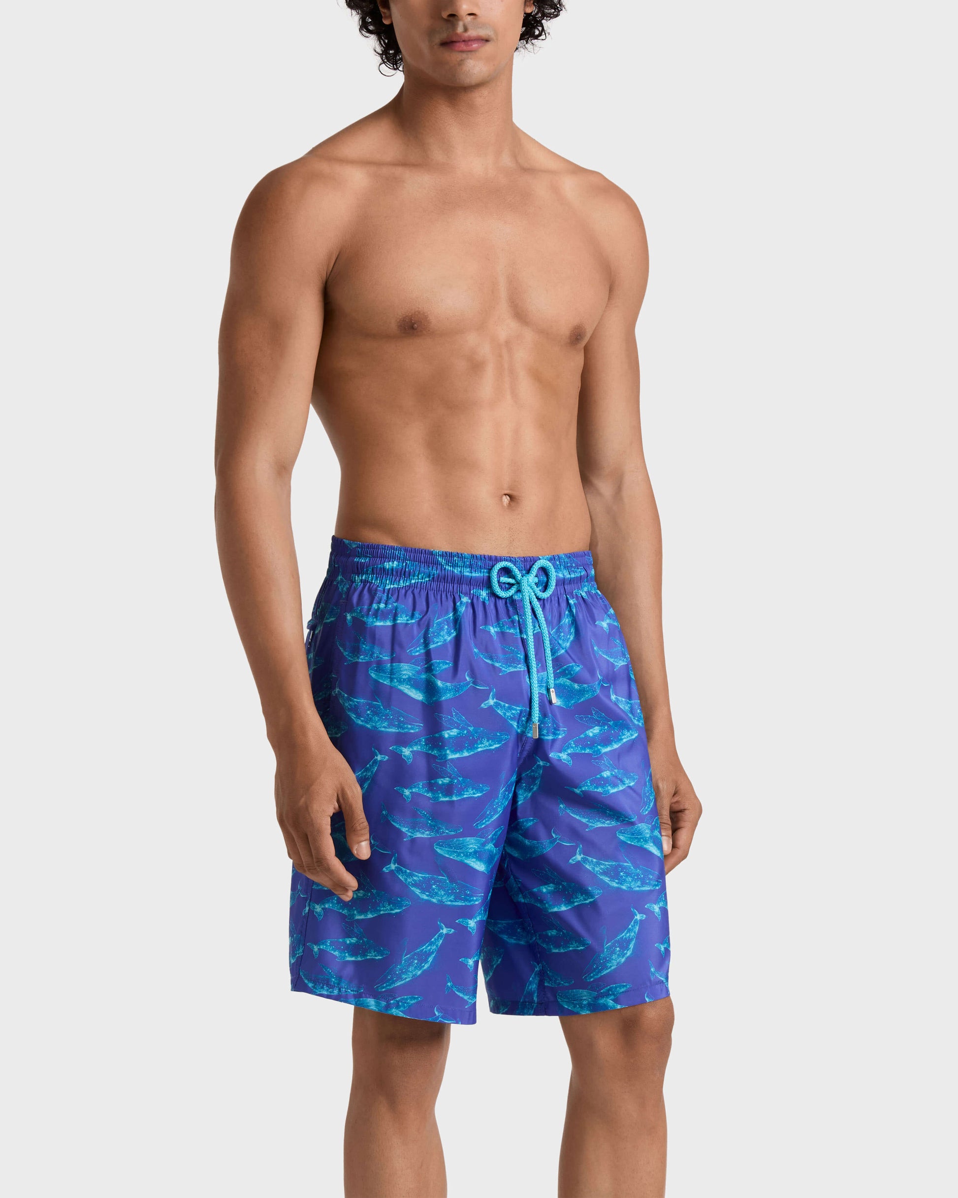 Vilebrequin Men Long Ultra-Light and Packable Swim Trunks Sparkling Whales - Blue Versailles