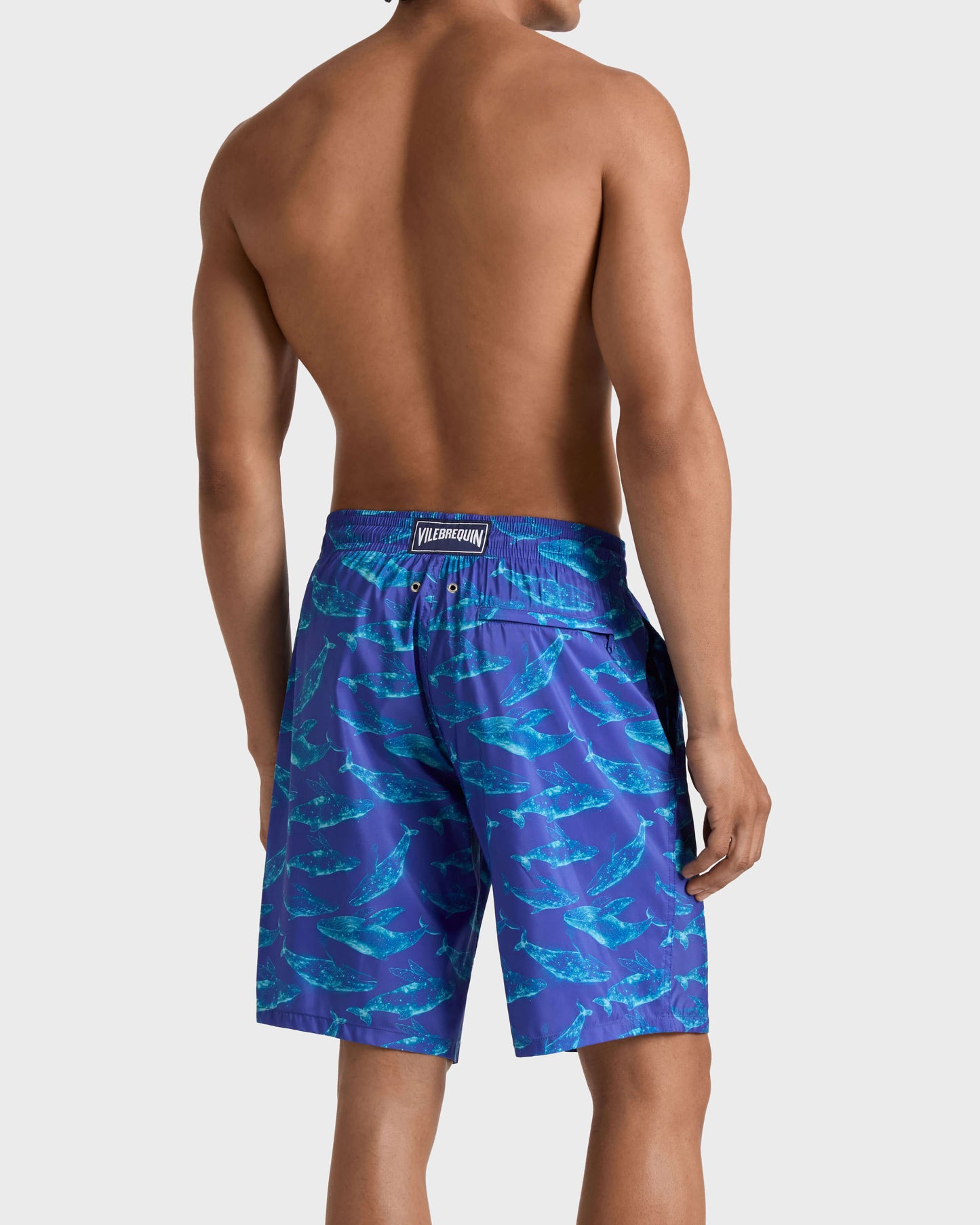 Vilebrequin Men Long Ultra-Light and Packable Swim Trunks Sparkling Whales - Blue Versailles