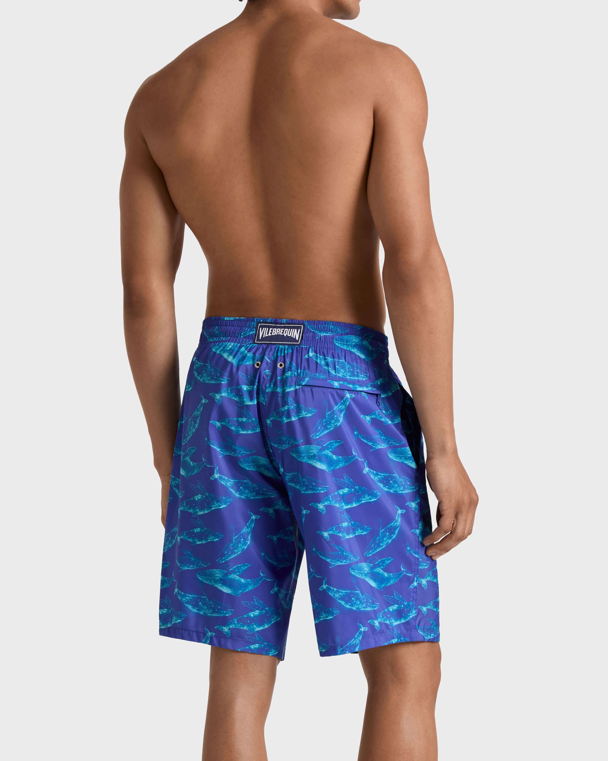 Vilebrequin Men Long Ultra-Light and Packable Swim Trunks Sparkling Whales - Blue Versailles