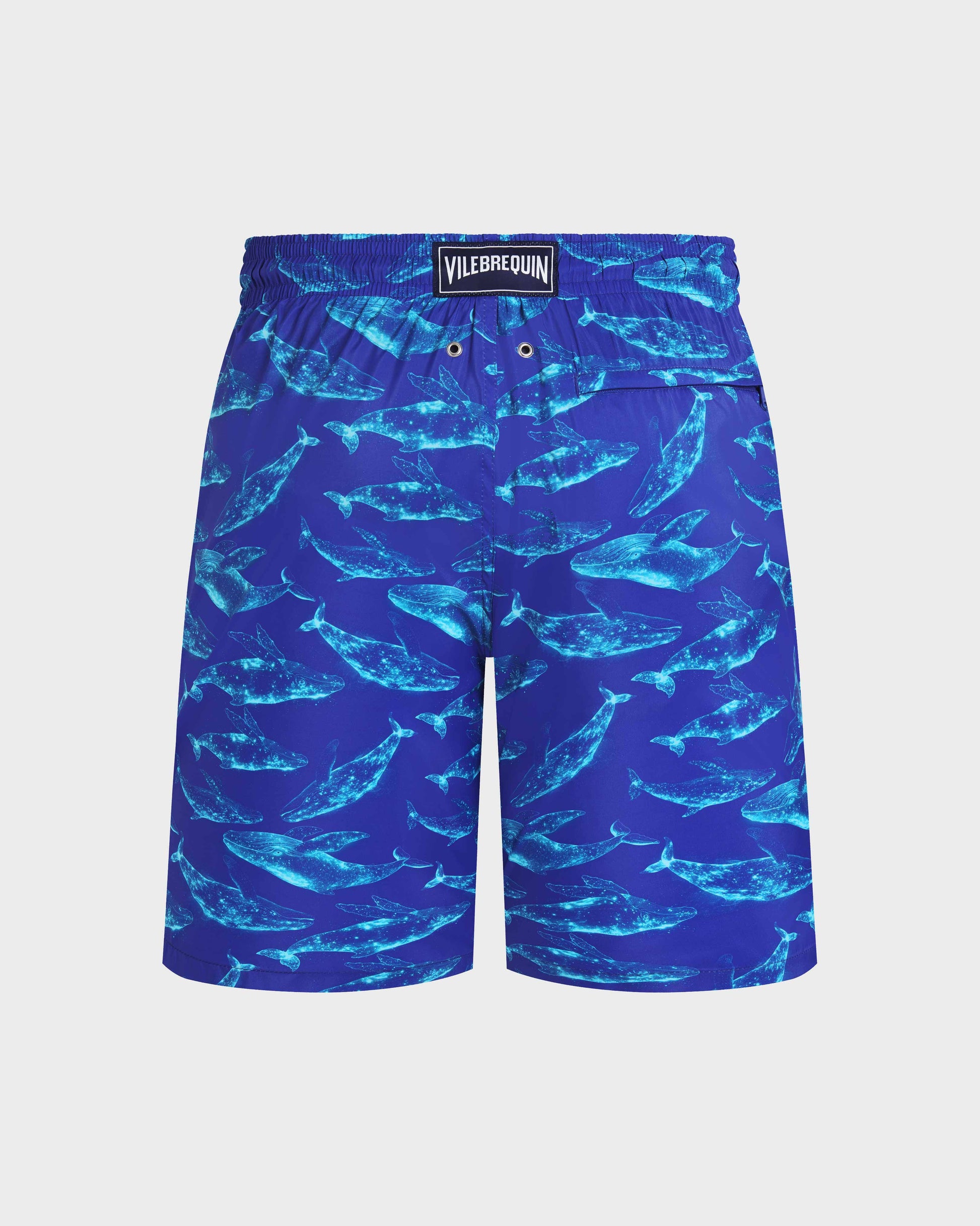 Vilebrequin Men Long Ultra-Light and Packable Swim Trunks Sparkling Whales - Blue Versailles