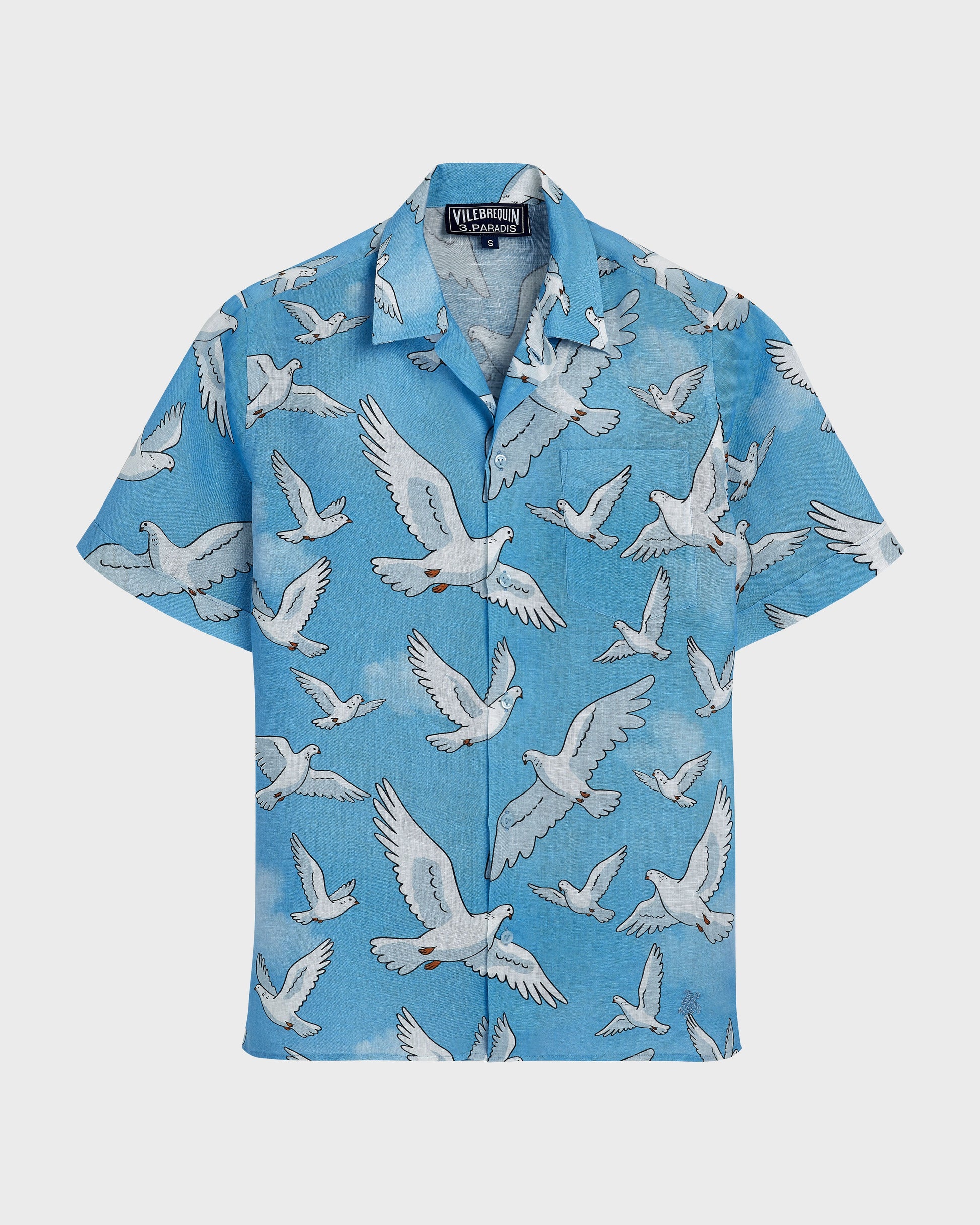 Vilebrequin Men Linen Bowling Shirt Doves - VBQ x 3.PARADIS - Blue Jaipuy