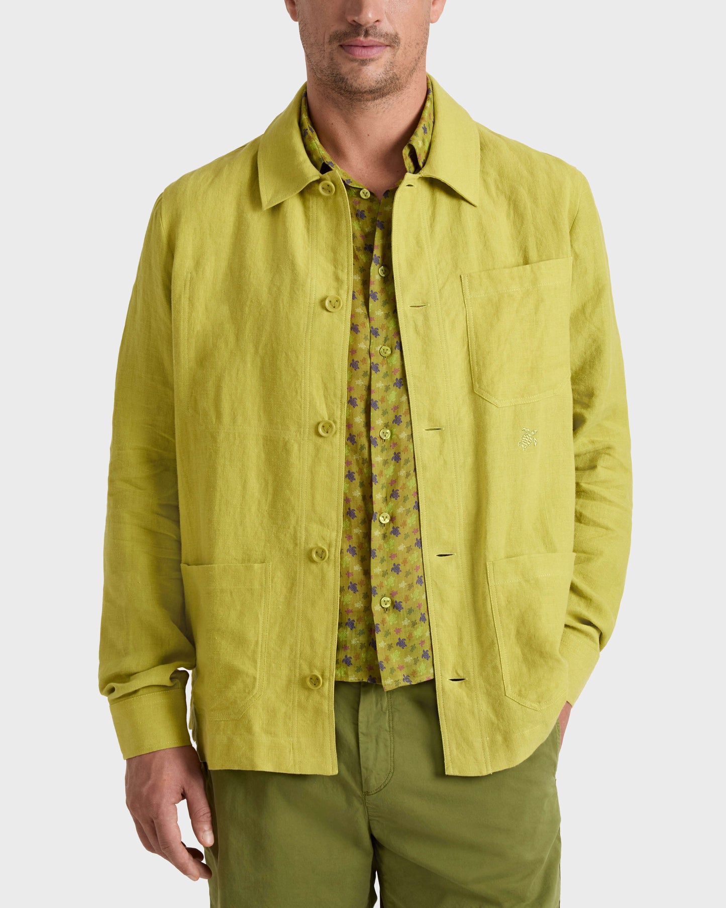 Vilebrequin Men Linen Overshirt Solid - Green Wormwood