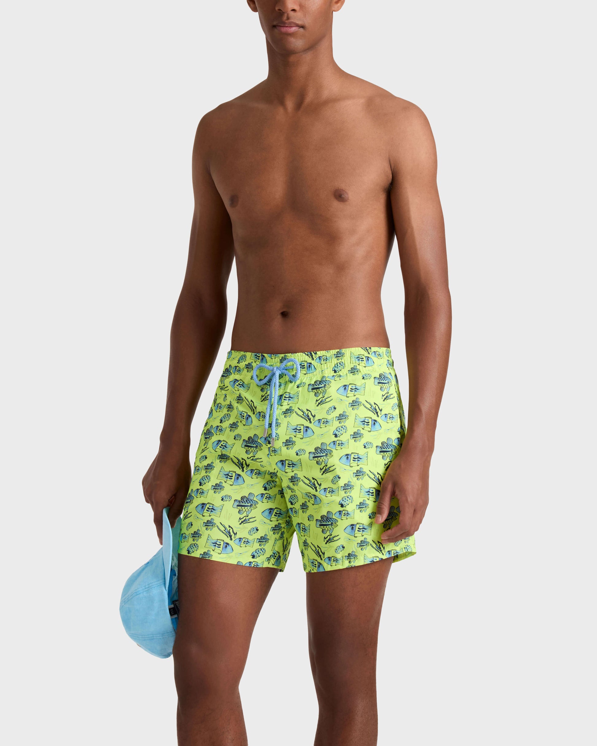Vilebrequin Men Ultra-light and packable Swim Trunks Fishies Drawing - Neon yellow