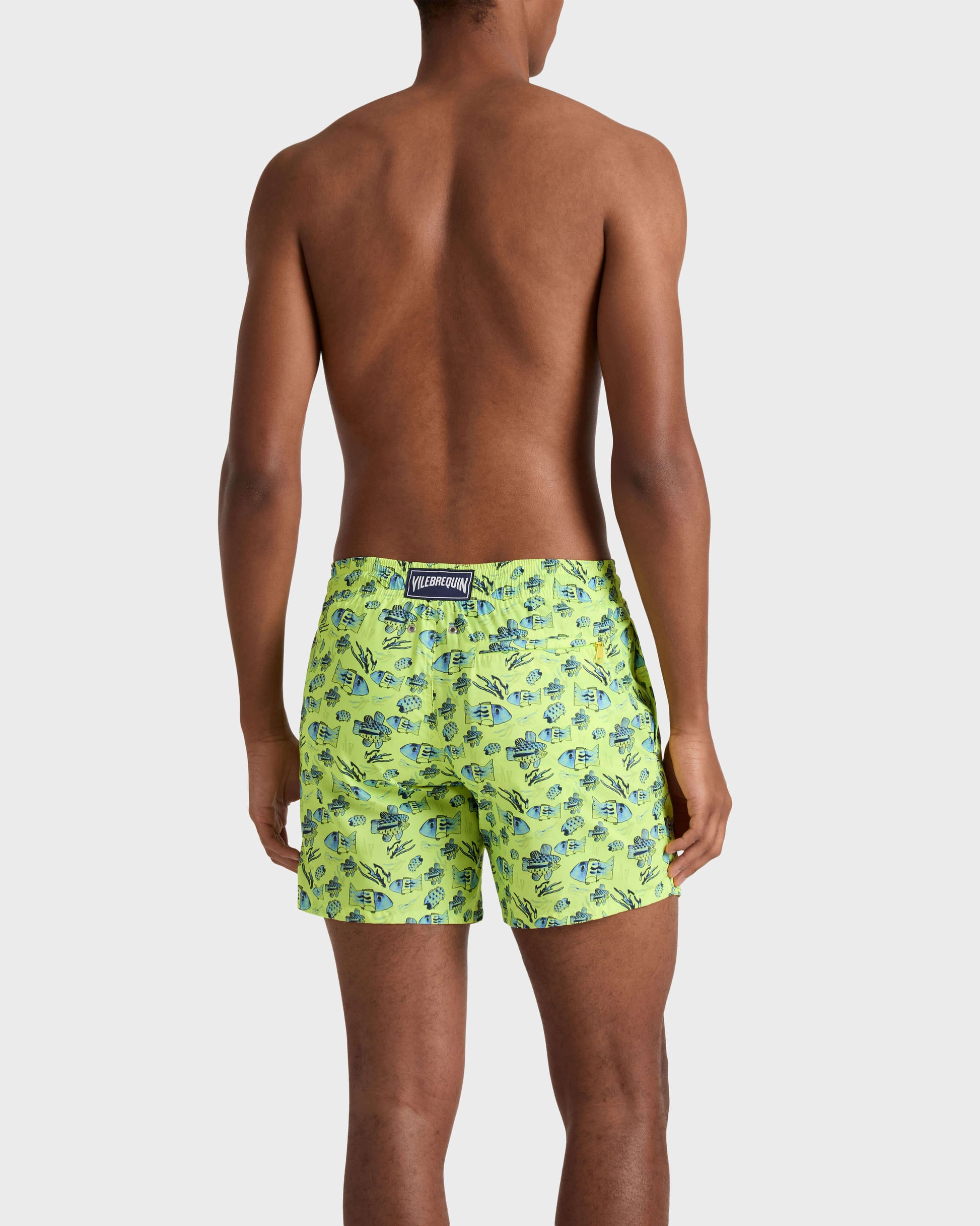 Vilebrequin Men Ultra-light and packable Swim Trunks Fishies Drawing - Neon yellow