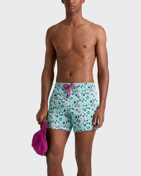Vilebrequin Men Stretch Short Swim Trunks Aquatic Carnival - Blue Oxygene
