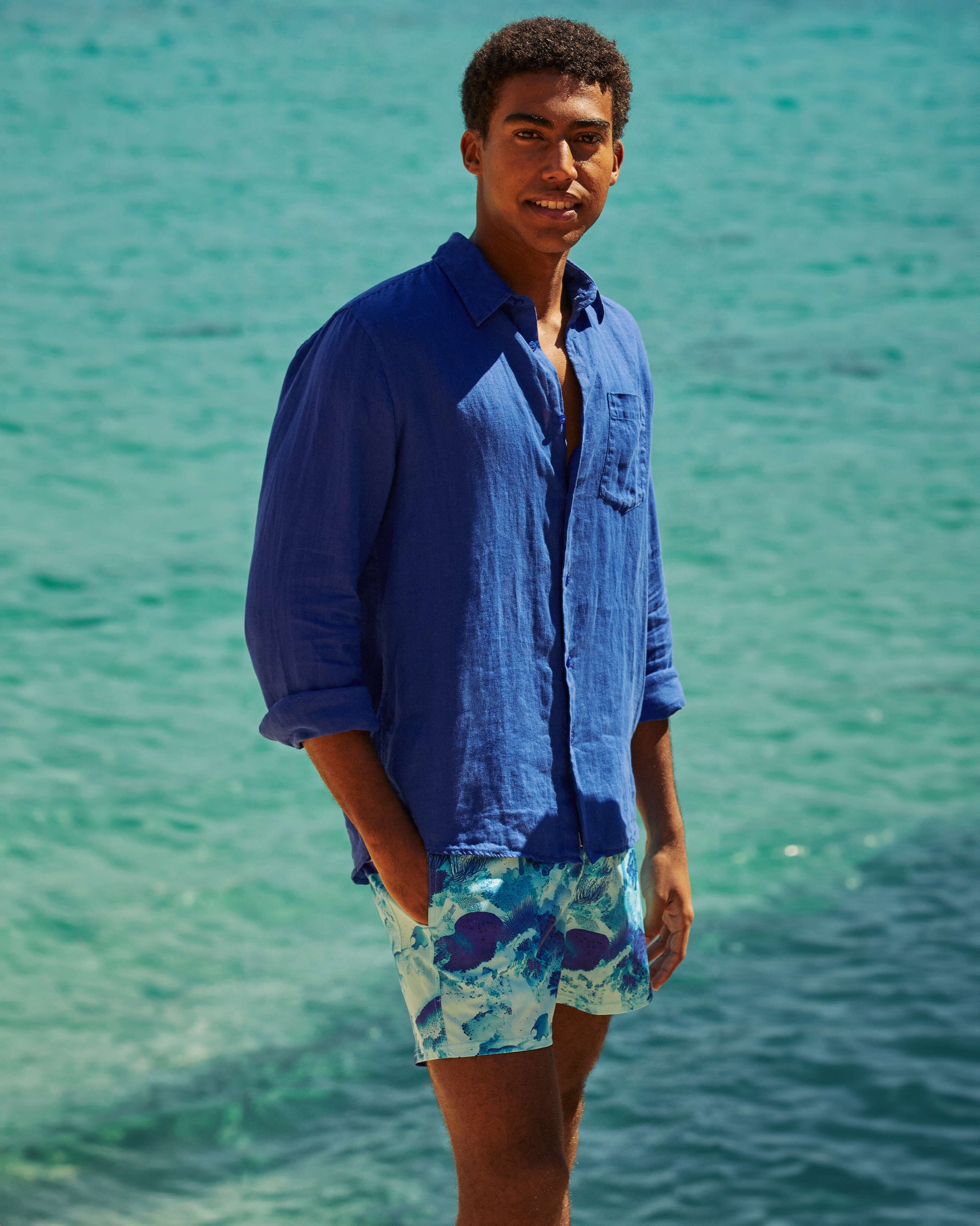 Vilebrequin Men Stretch Short Swim Trunks Coral Reef - Blue Oxygene