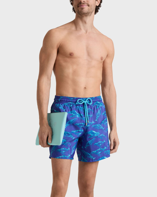 Vilebrequin Men Ultra-light and packable Swim Trunks Sparkling Whales - Blue Versailles