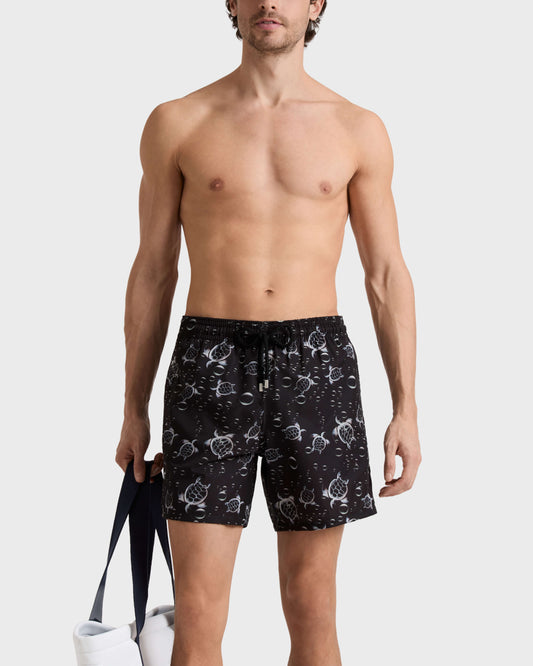 Vilebrequin Men Micro-Perforated Ultra-light and packable Swim Trunks Bubble Turtles 3D - Black