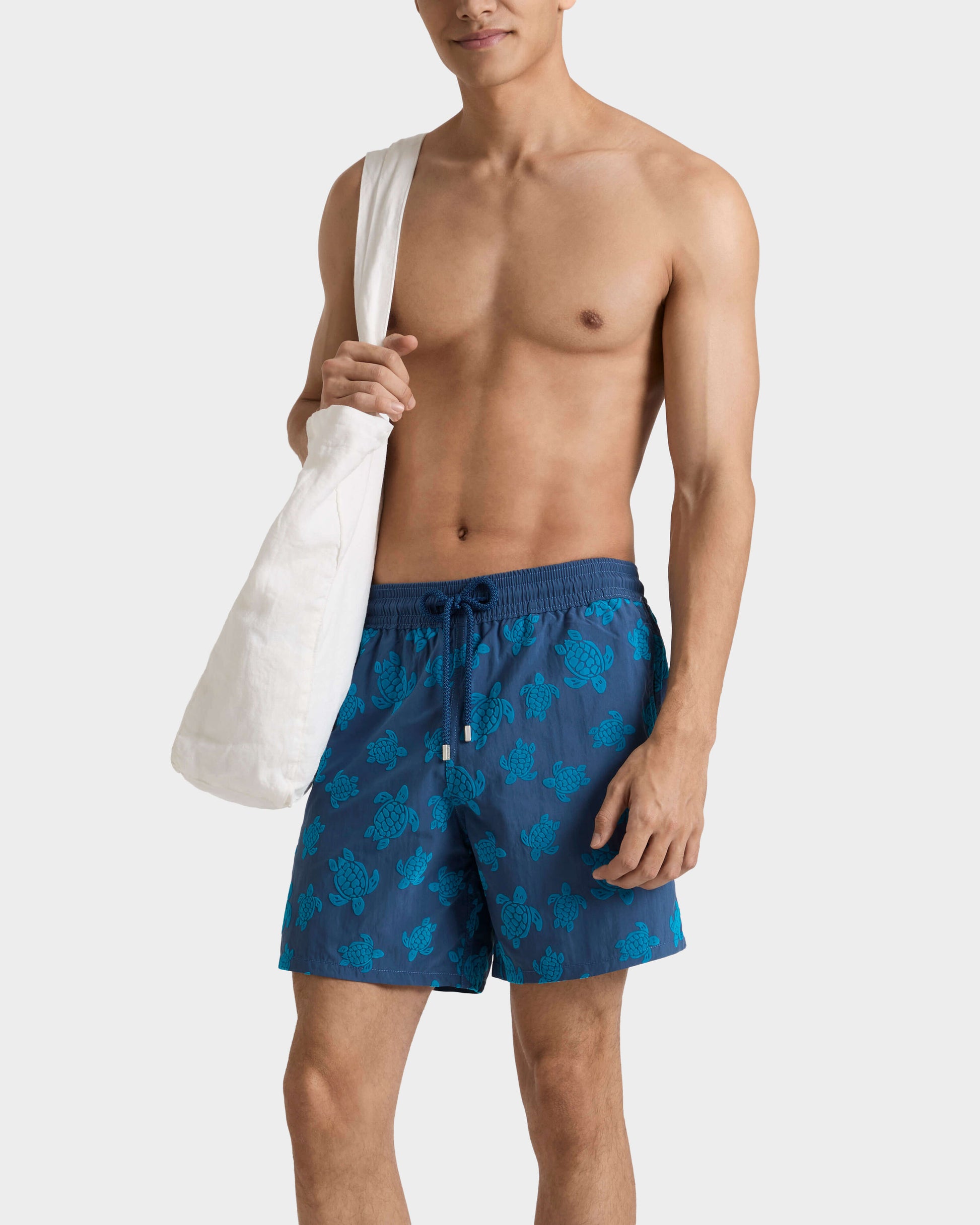 Vilebrequin Men Swim Trunks Flocked Ronde des Tortues - Blue Evening