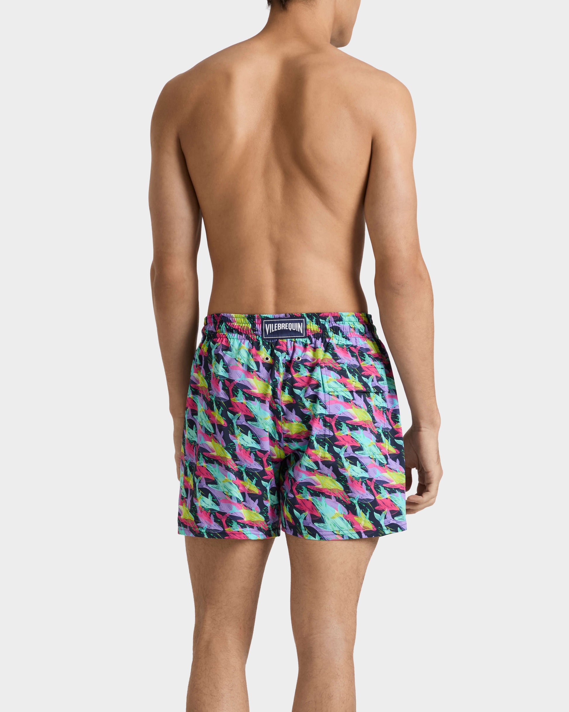 Vilebrequin Men Stretch Short Swim Trunks Whales Offset - Blue Navy
