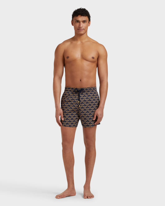Vilebrequin Men Stretch Short Swim Shorts Turtles Chains - Blue Navy