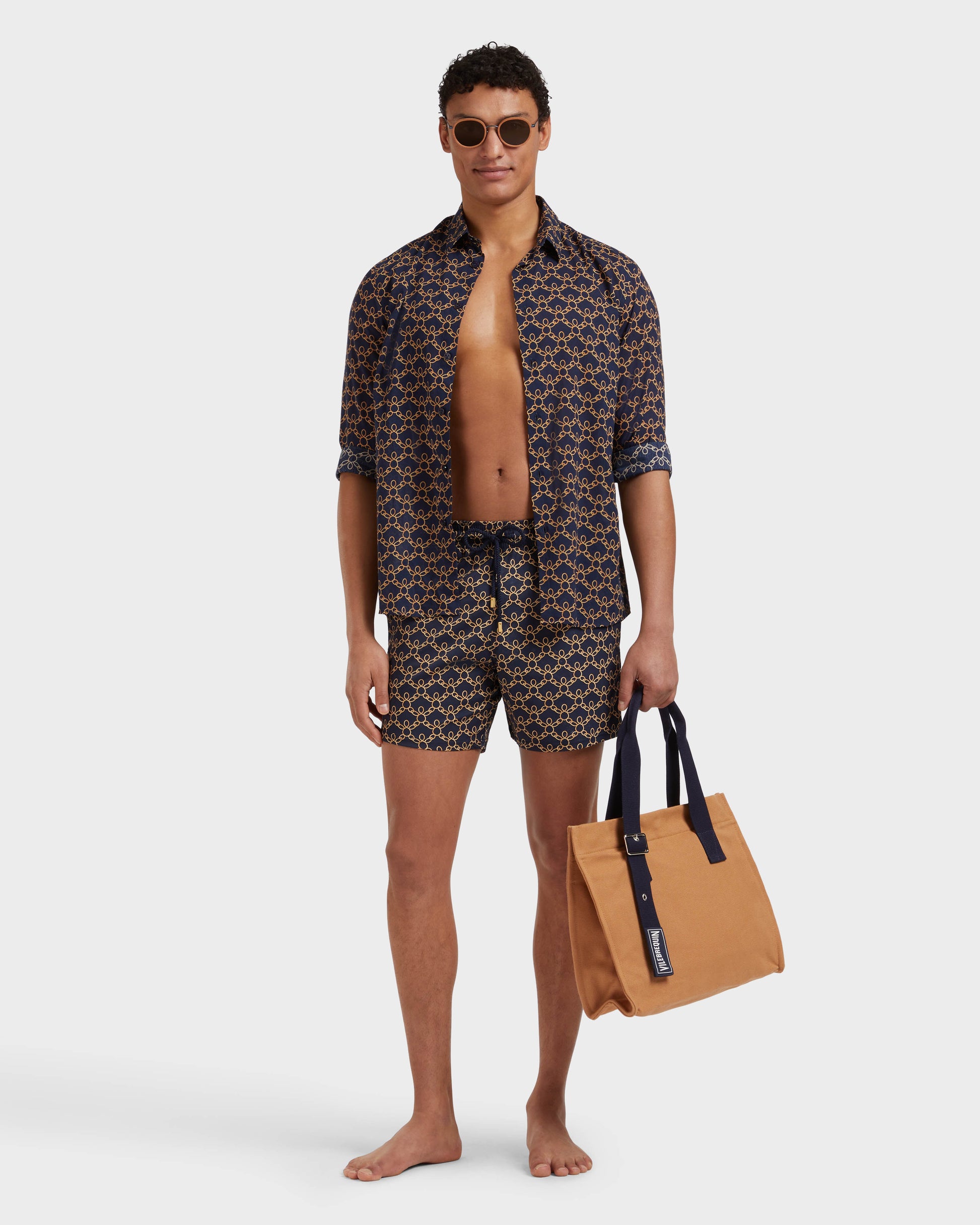 Vilebrequin Men Stretch Short Swim Shorts Turtles Chains - Blue Navy