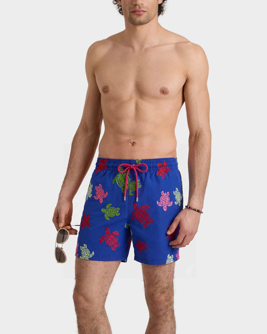 Vilebrequin Men Swim Shorts Embroidered Tortue Multicolore - Blue Marrakech