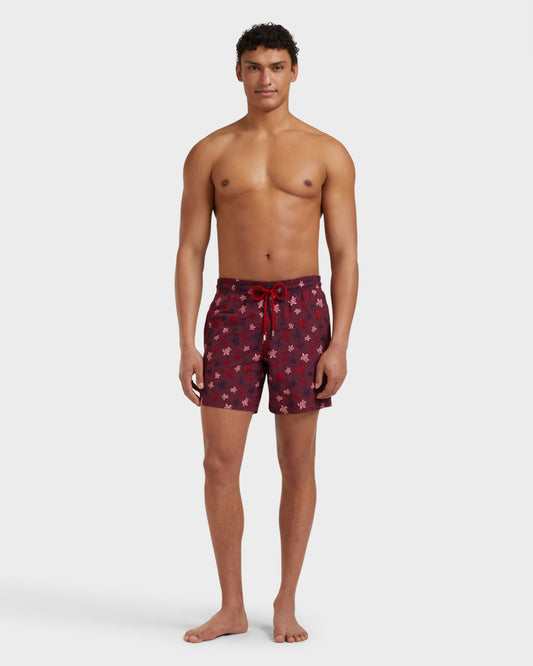 Vilebrequin Men Swim Shorts Embroidered Micro Ronde Des Tortues - Limited Edition - Red Bacchus