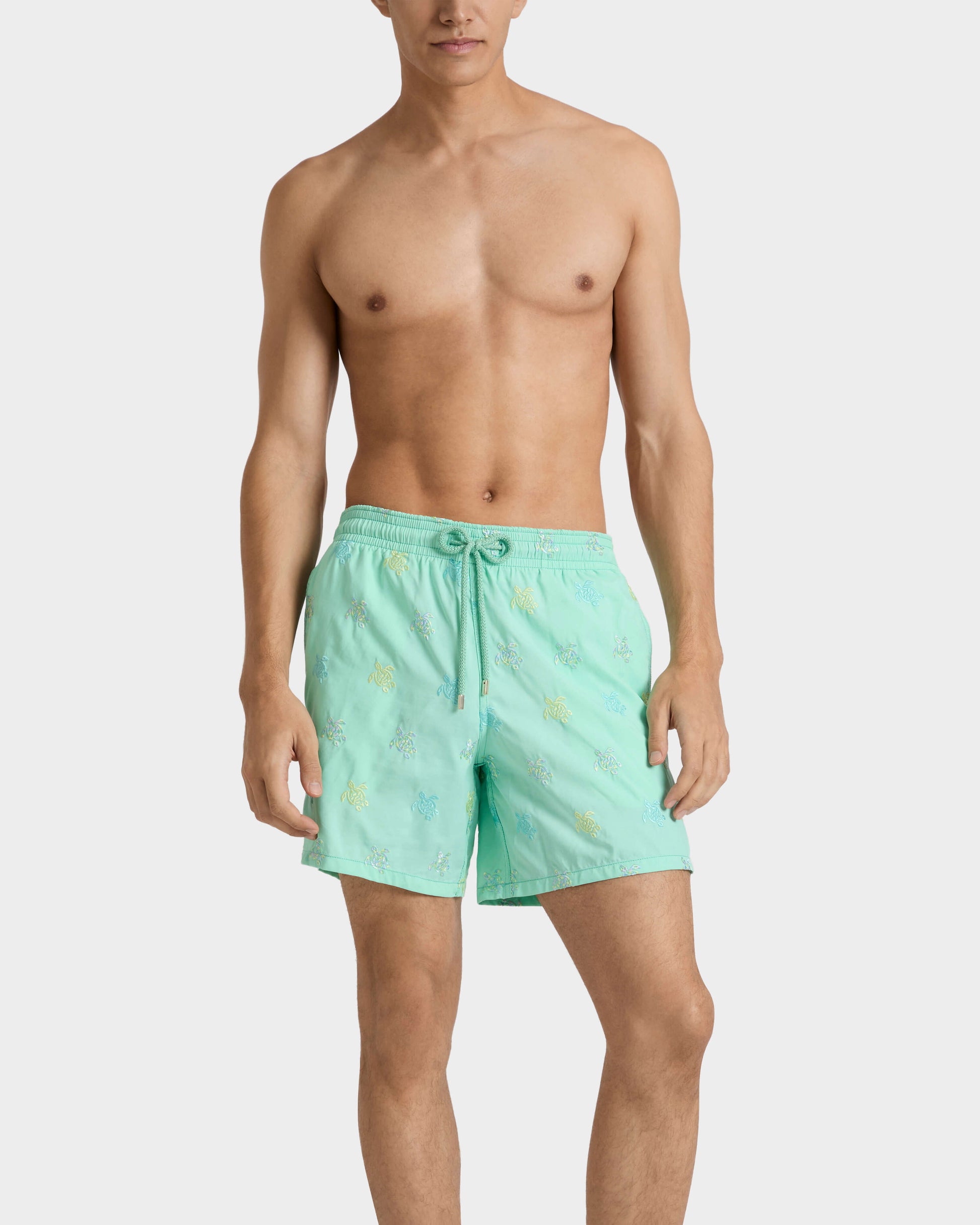 Vilebrequin Men Embroidered Swim Trunks Micro Tortues Diagonales - Limited Edition - Green Caribbean