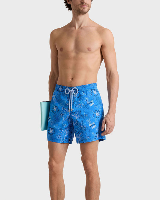 Vilebrequin Men Embroidered Swim Trunks Island Flowers - Limited Edition - Blue Earthenware