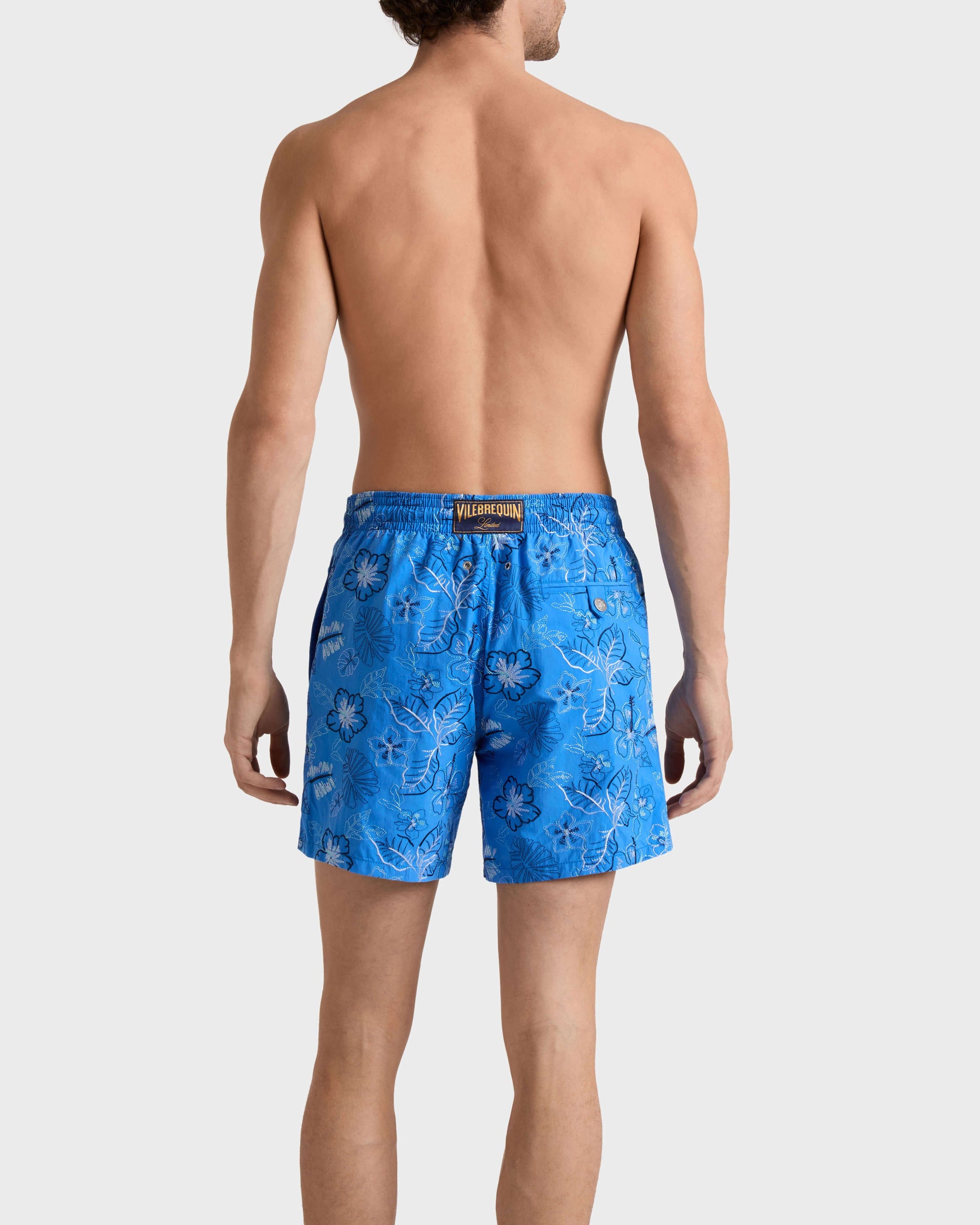 Vilebrequin Men Embroidered Swim Trunks Island Flowers - Limited Edition - Blue Earthenware