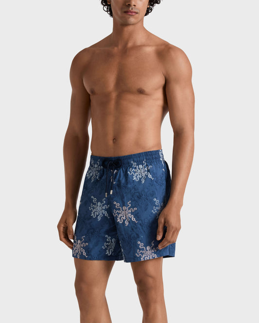 Vilebrequin Men Embroidered Swim Trunks Octopus in Stripes - Limited Edition - Blue Evening