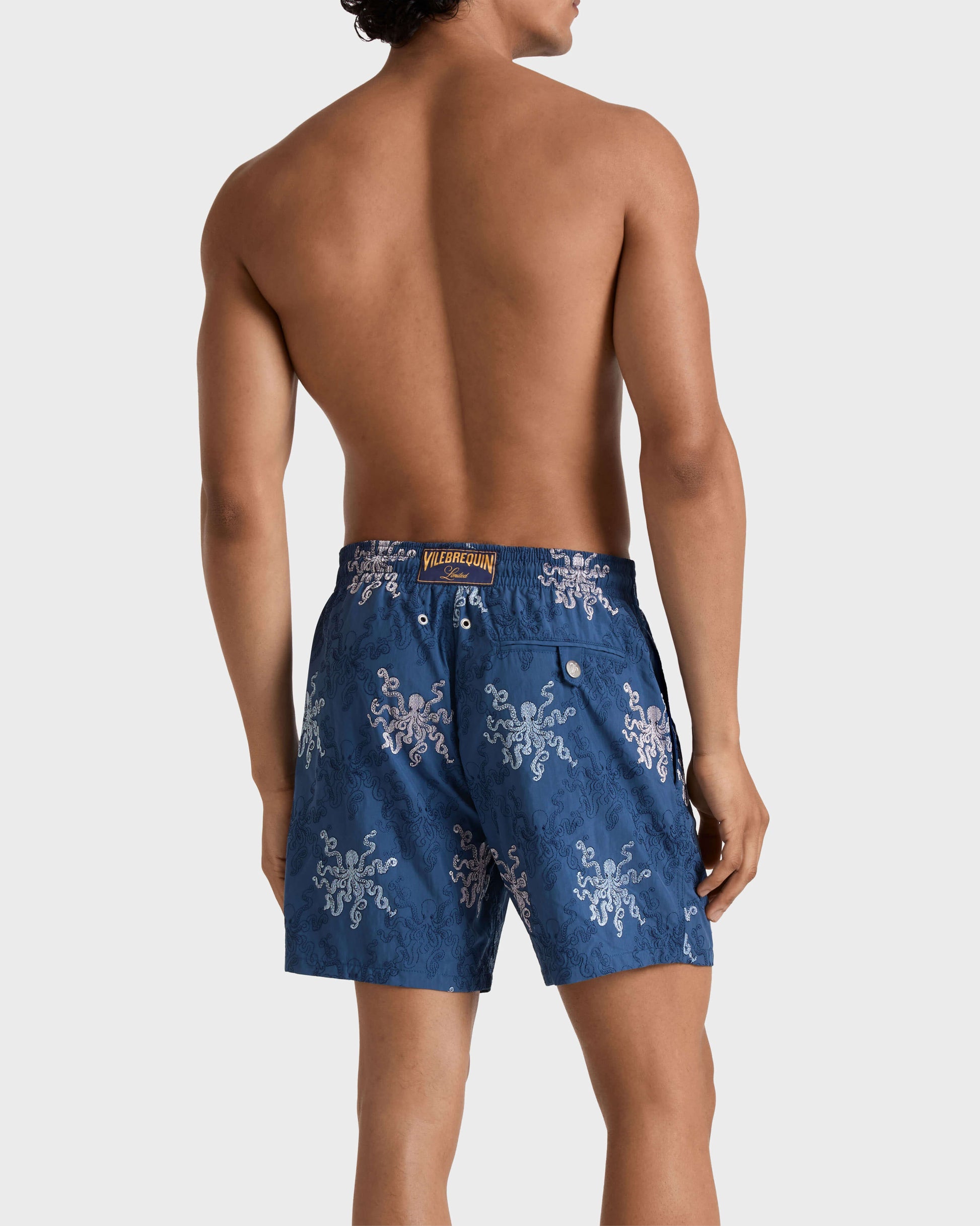 Vilebrequin Men Embroidered Swim Trunks Octopus in Stripes - Limited Edition - Blue Evening