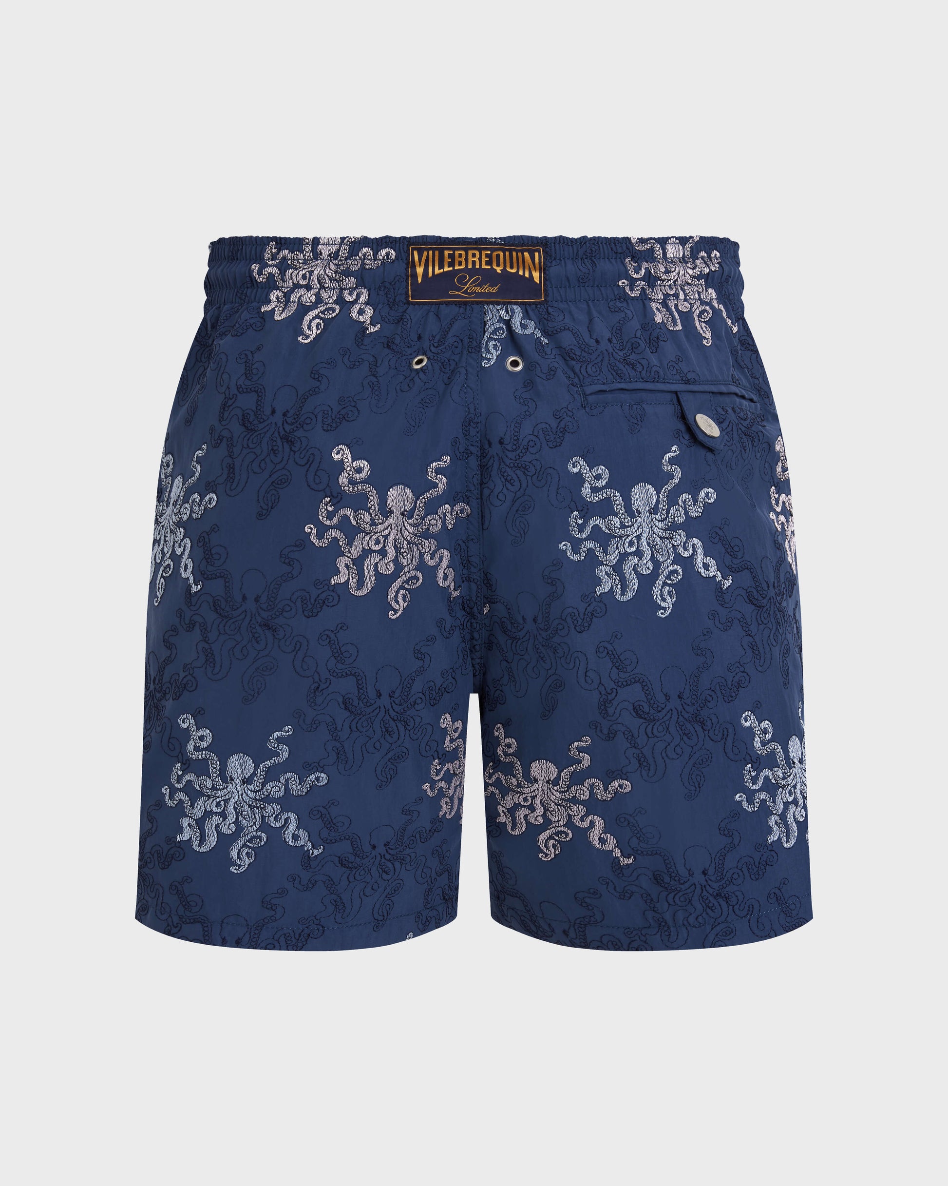 Vilebrequin Men Embroidered Swim Trunks Octopus in Stripes - Limited Edition - Blue Evening