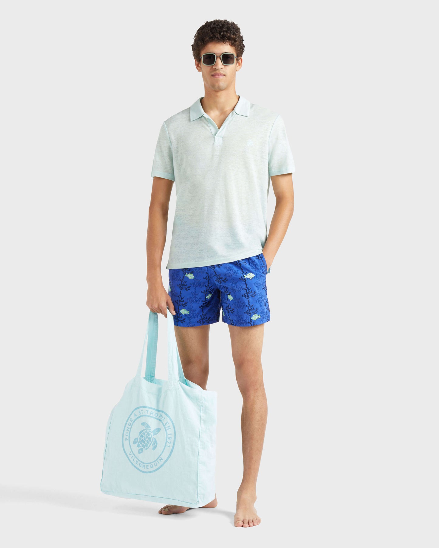 Vilebrequin Men Swim shorts Embroidered Seaweed - Blue Marrakech