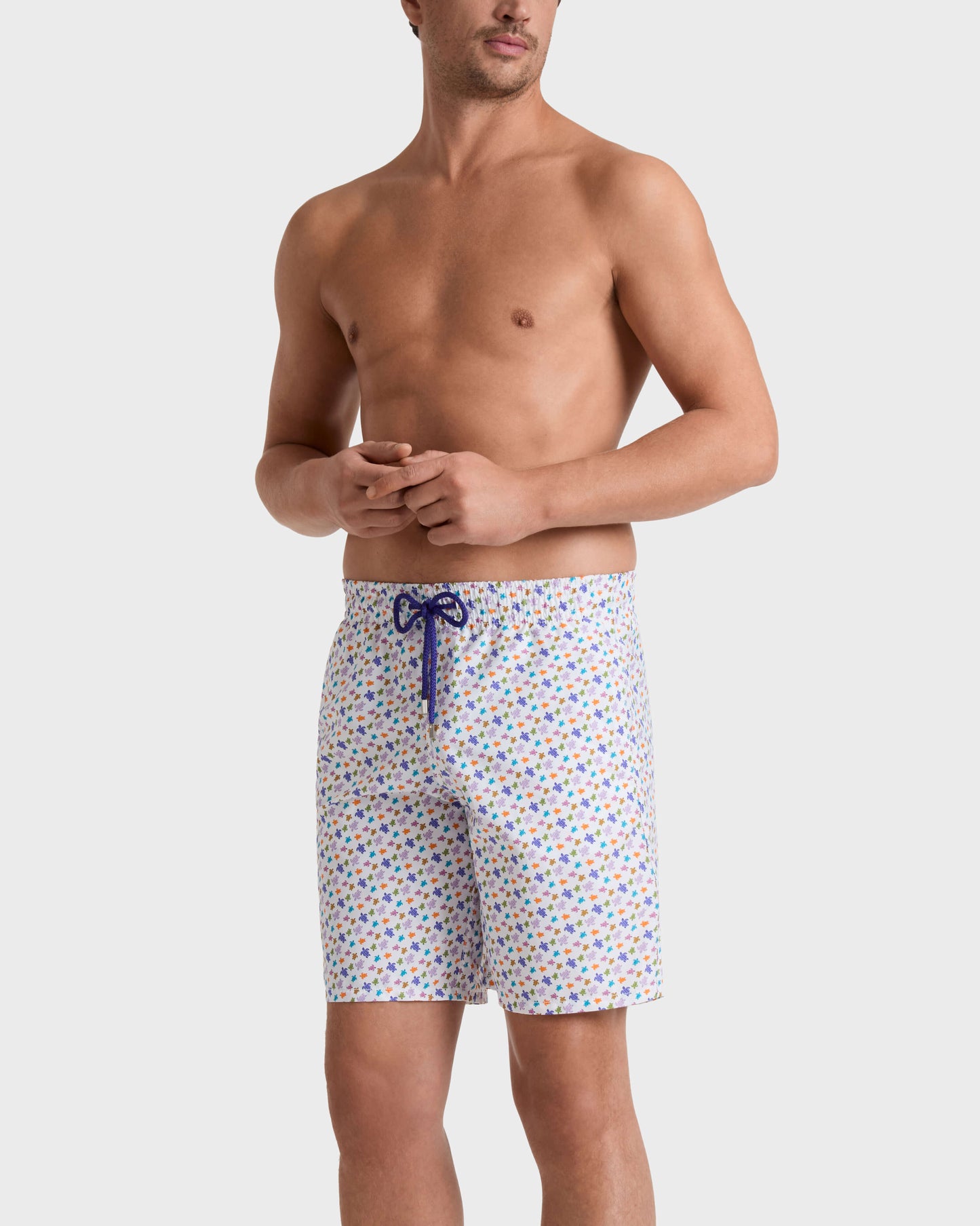 Vilebrequin Men Long Swim Trunks Micro Ronde des Tortues - White