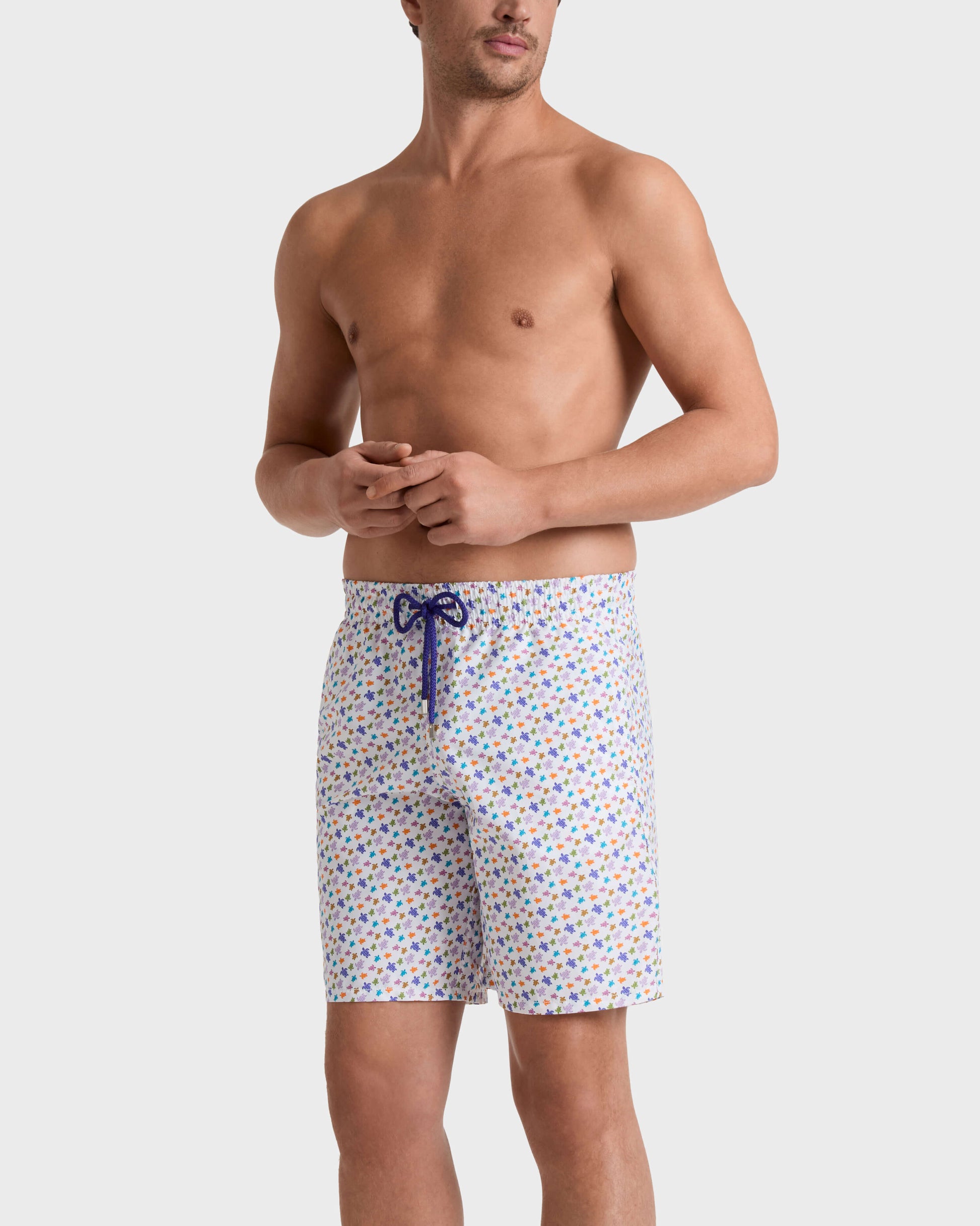 Vilebrequin Men Long Swim Trunks Micro Ronde des Tortues - White