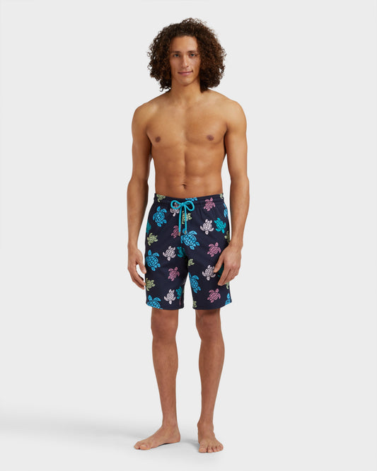Vilebrequin Men Stretch Long Swim Shorts Tortues Multicolores - Blue Navy
