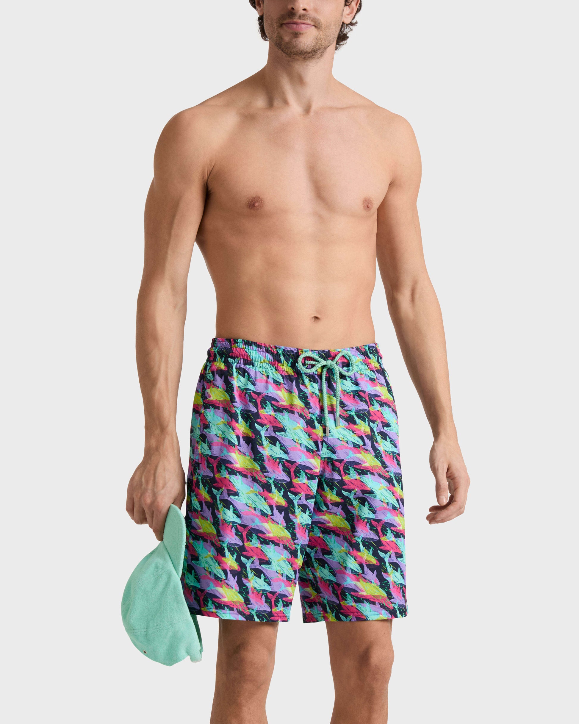 Vilebrequin Men Long Stretch Swim Trunks Whales Offset - Blue Navy
