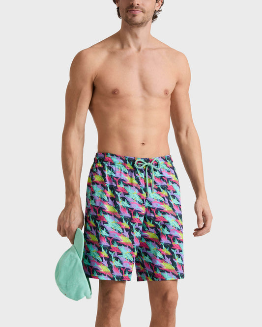 Vilebrequin Men Long Stretch Swim Trunks Whales Offset - Blue Navy