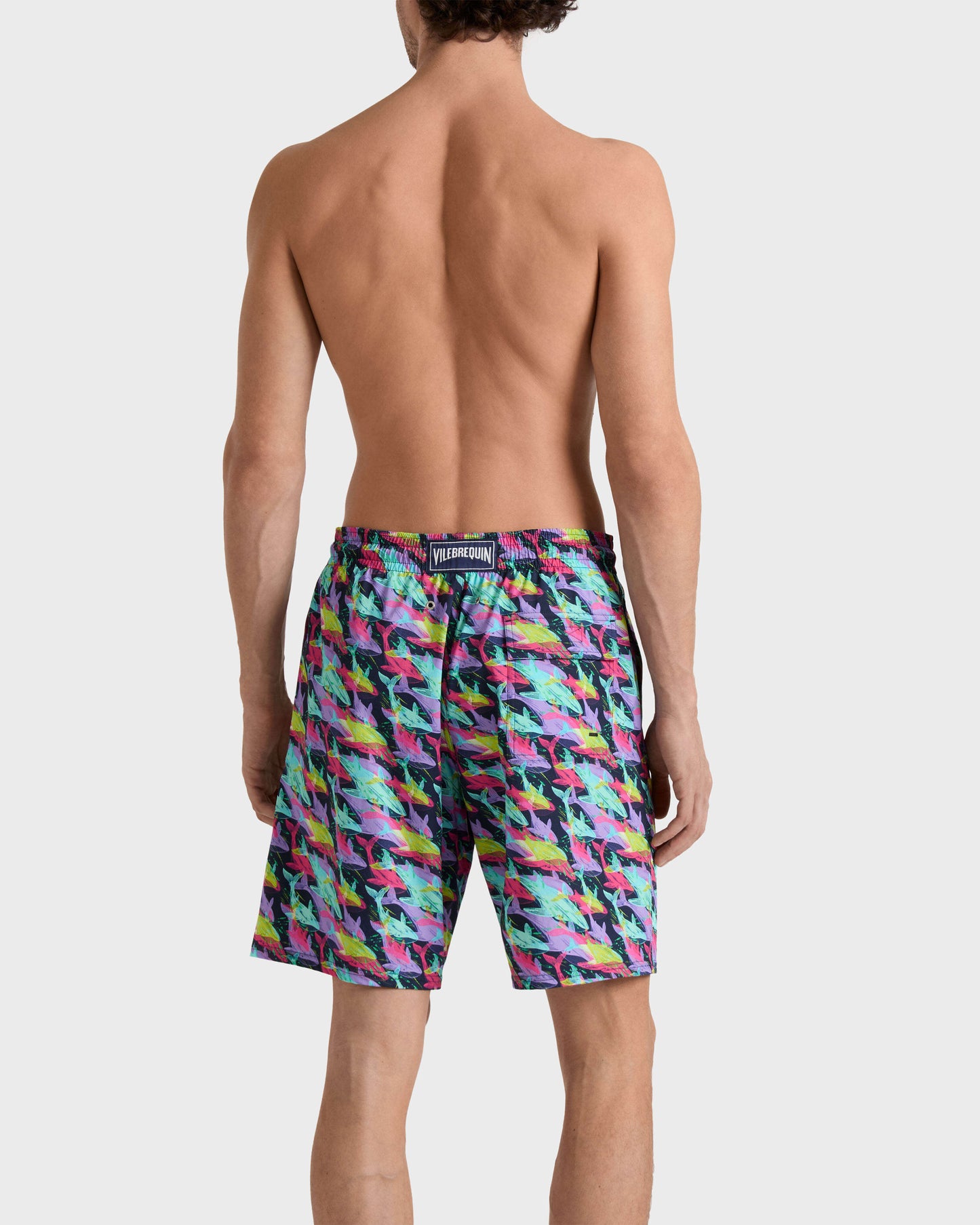 Vilebrequin Men Long Stretch Swim Trunks Whales Offset - Blue Navy