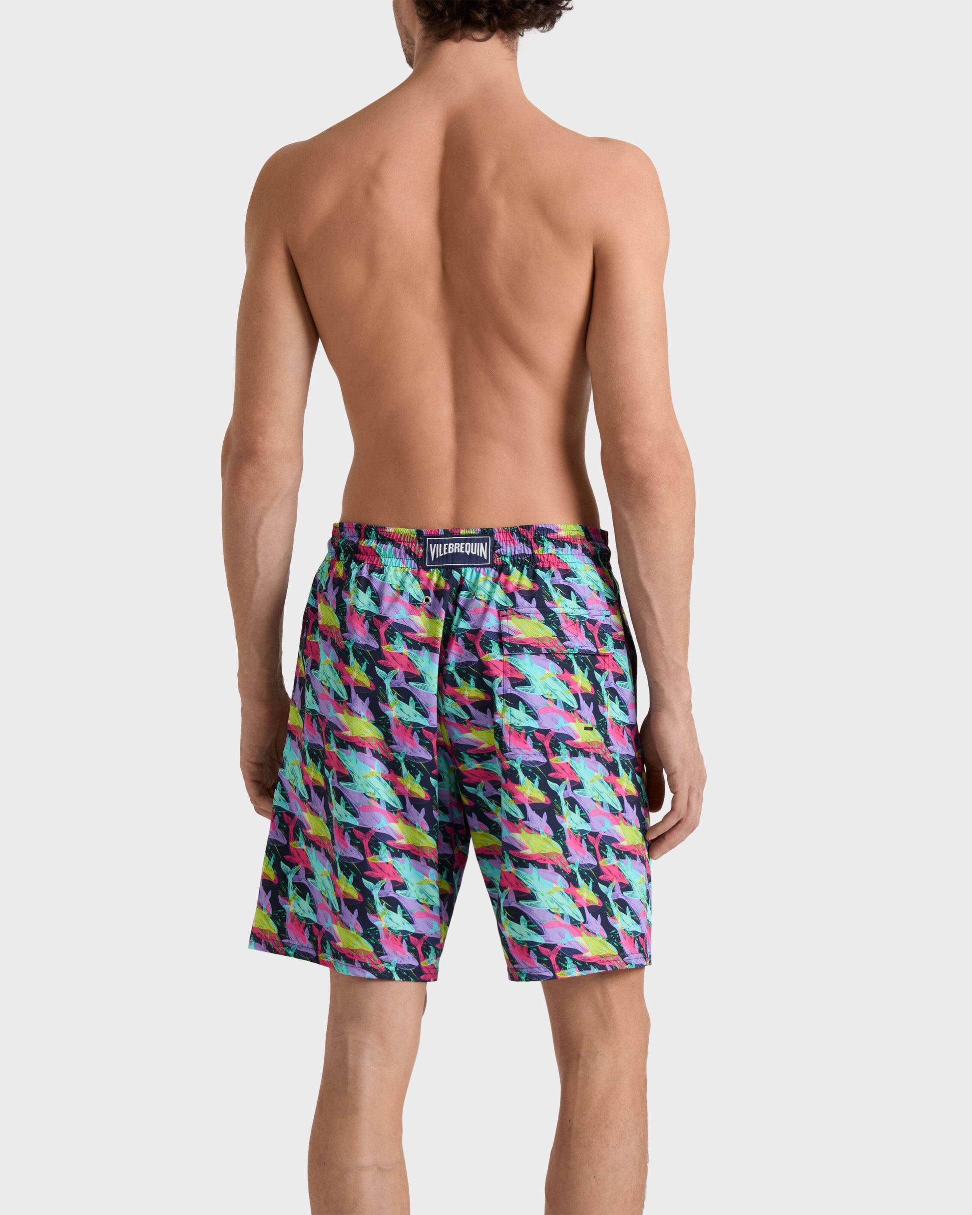 Vilebrequin Men Long Stretch Swim Trunks Whales Offset - Blue Navy
