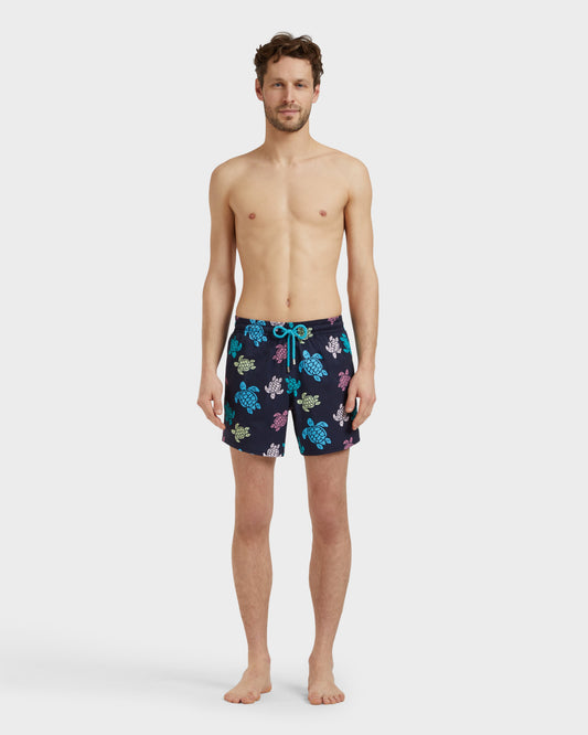 Vilebrequin Men Stretch Short Swim Shorts Tortues Multicolores - Blue Navy