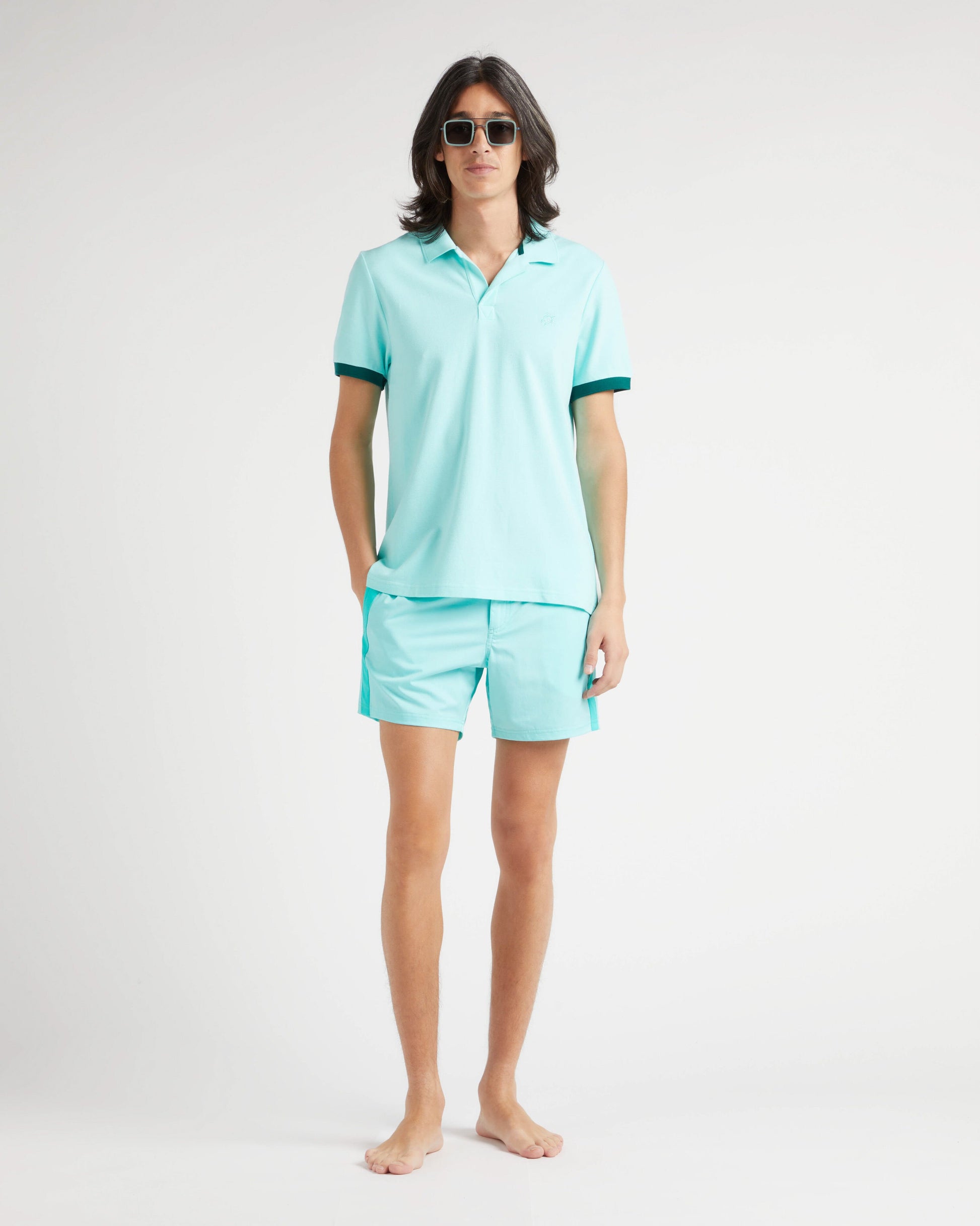 Vilebrequin Men Stretch Swim Shorts Flat Belt Color Block - Blue Lagoon