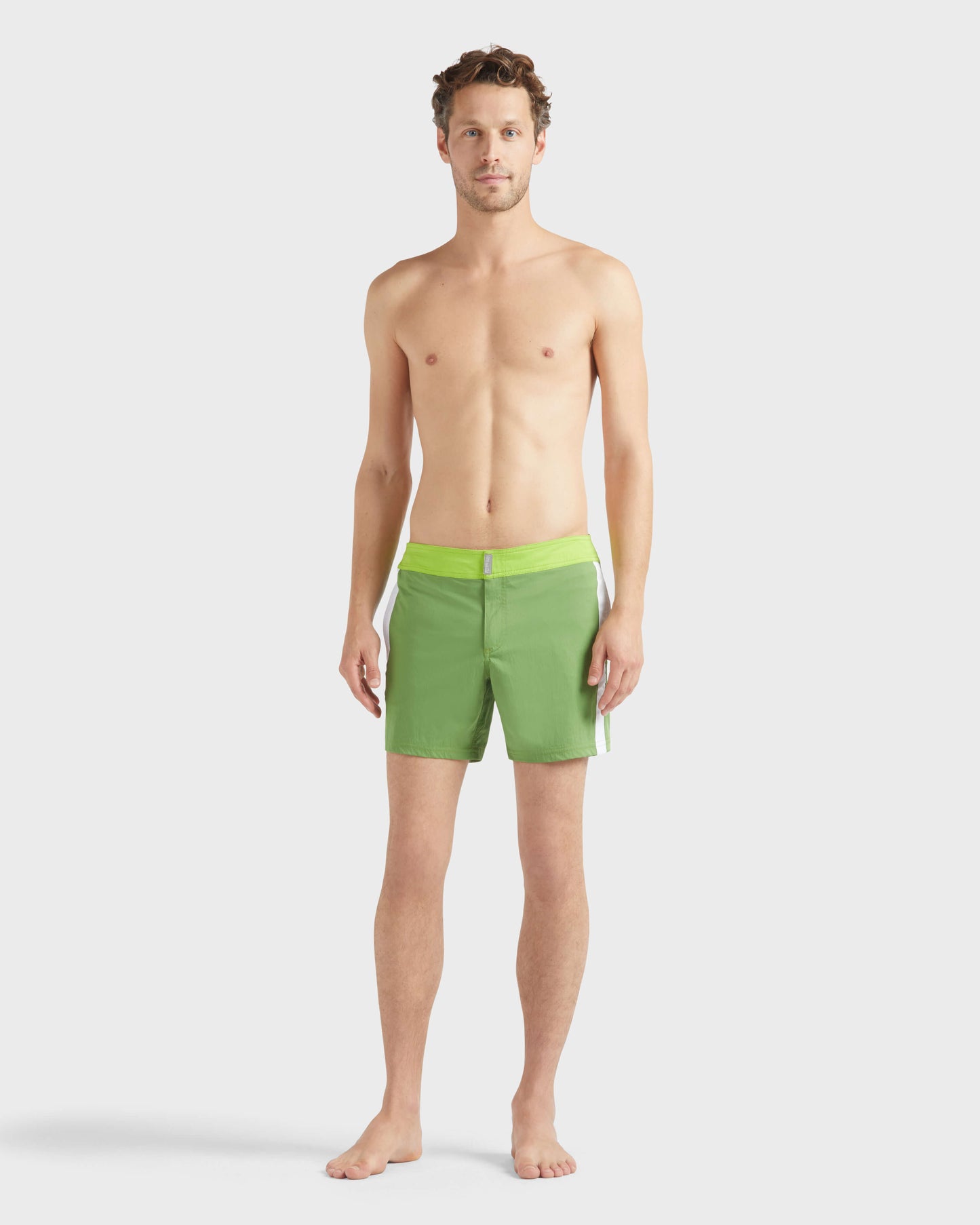 Vilebrequin Men Stretch Swim Shorts Flat Belt Color Block - Green Camouplage