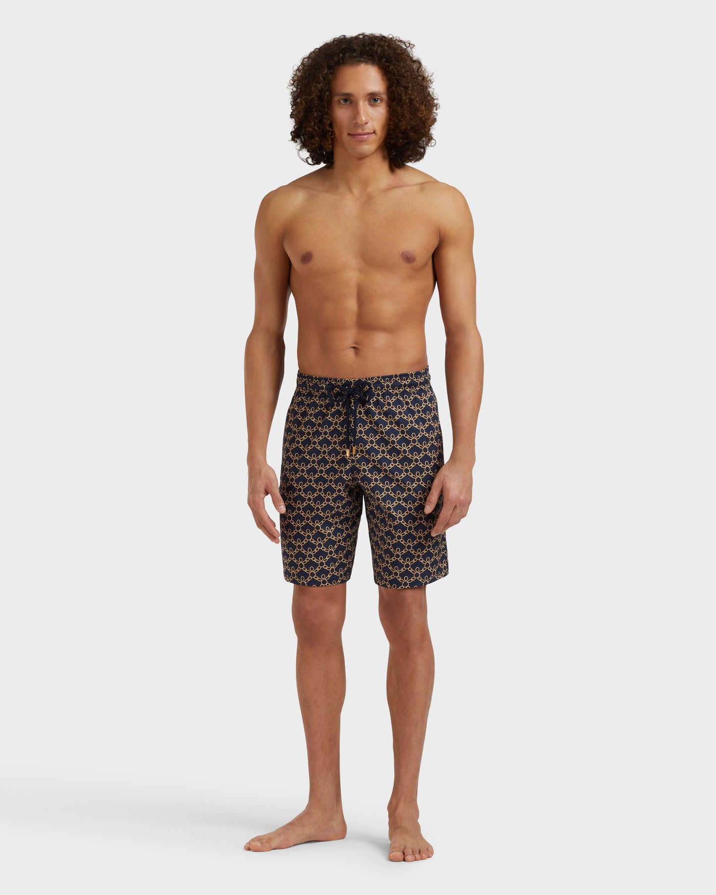 Vilebrequin Men Long Stretch Swim Shorts Turtles Chain - Blue Navy