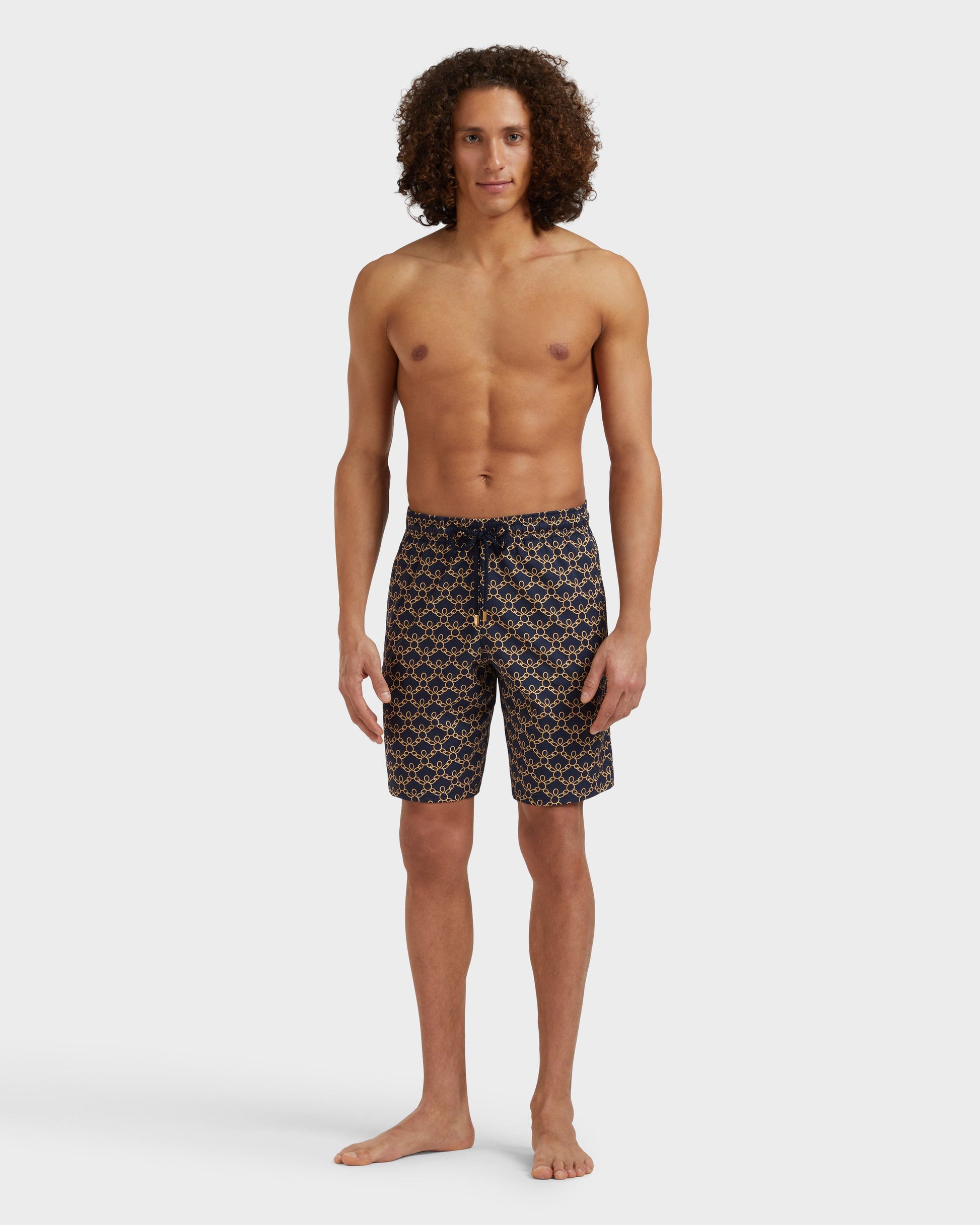 Vilebrequin Men Long Stretch Swim Shorts Turtles Chain - Blue Navy
