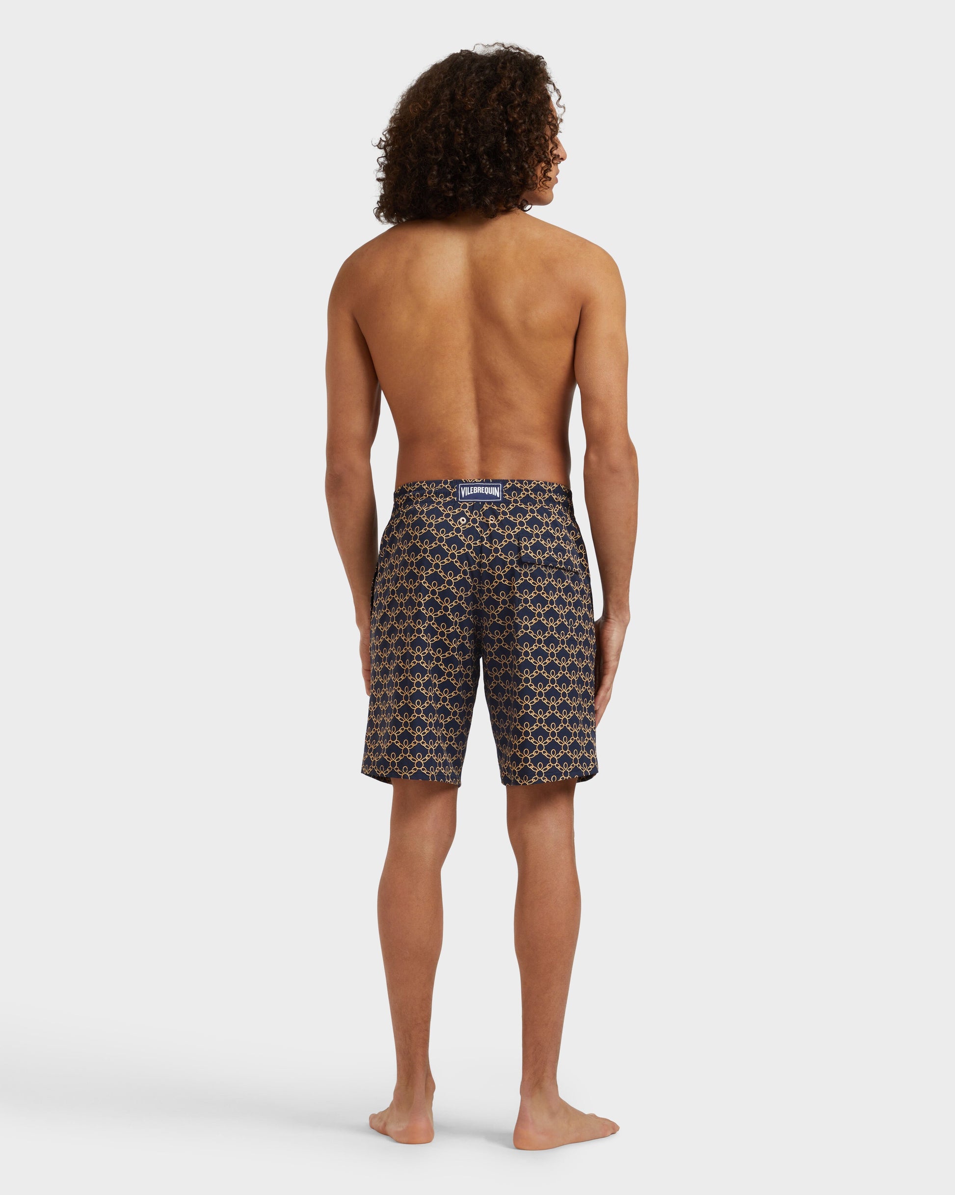 Vilebrequin Men Long Stretch Swim Shorts Turtles Chain - Blue Navy