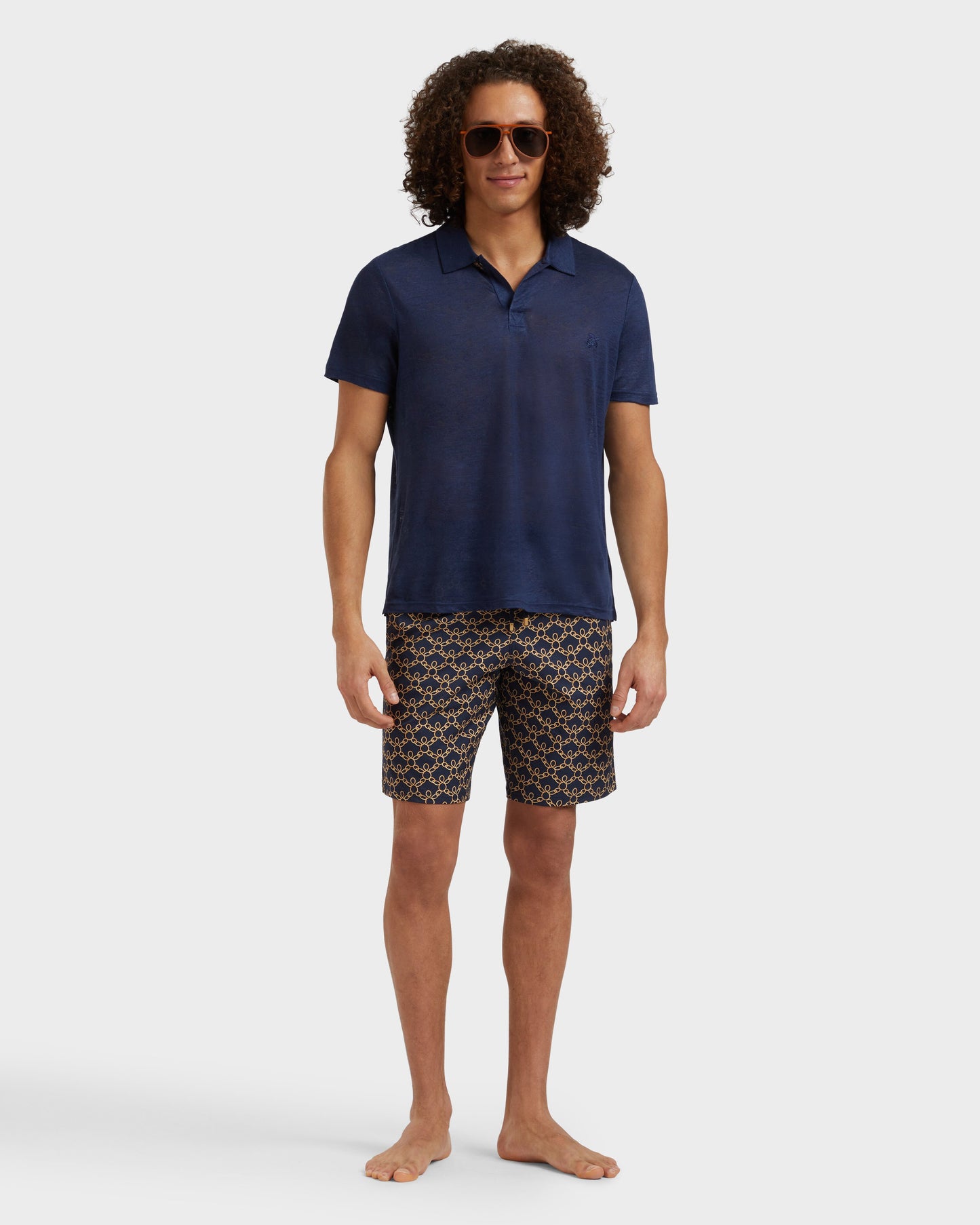 Vilebrequin Men Long Stretch Swim Shorts Turtles Chain - Blue Navy