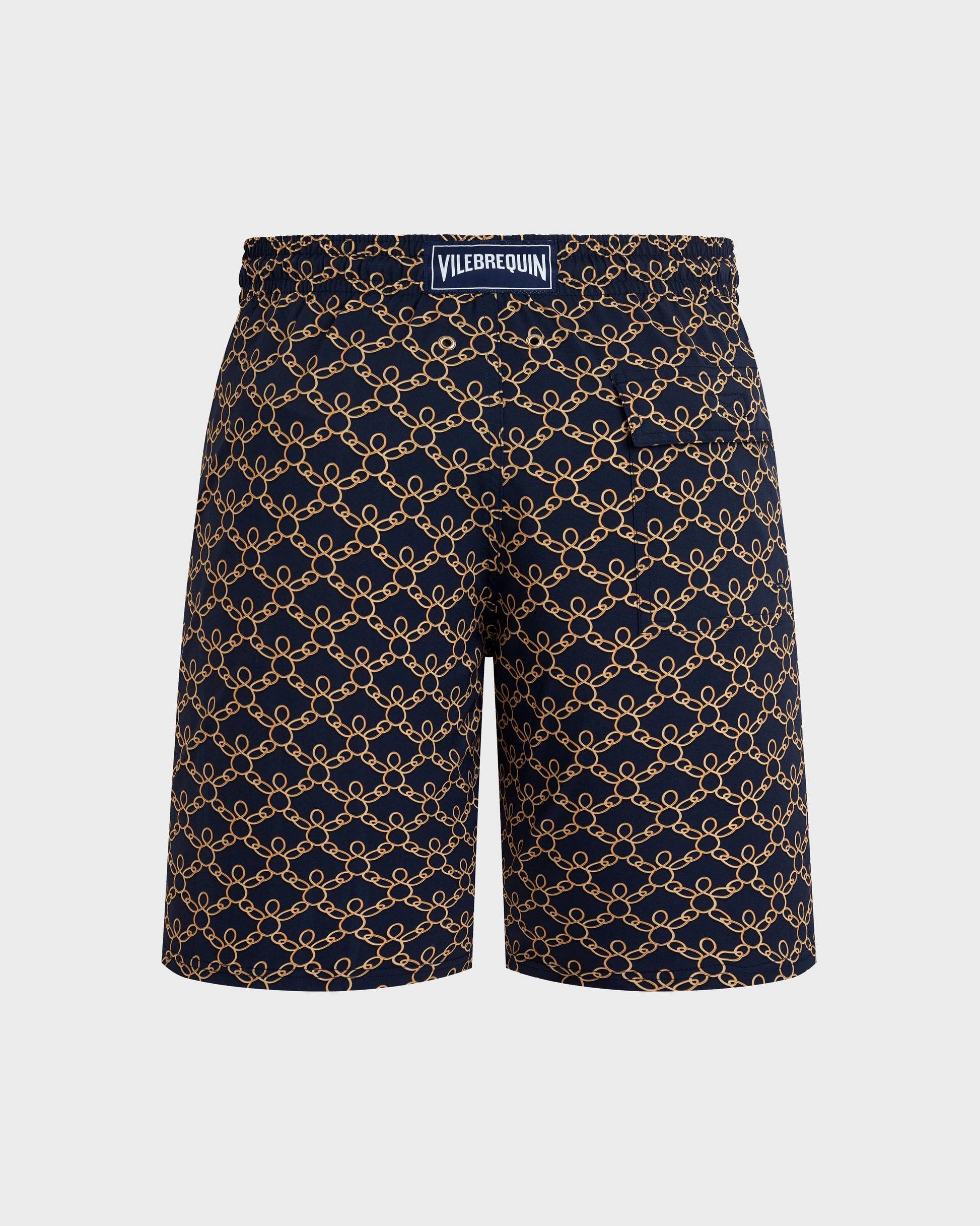 Vilebrequin Men Long Stretch Swim Shorts Turtles Chain - Blue Navy