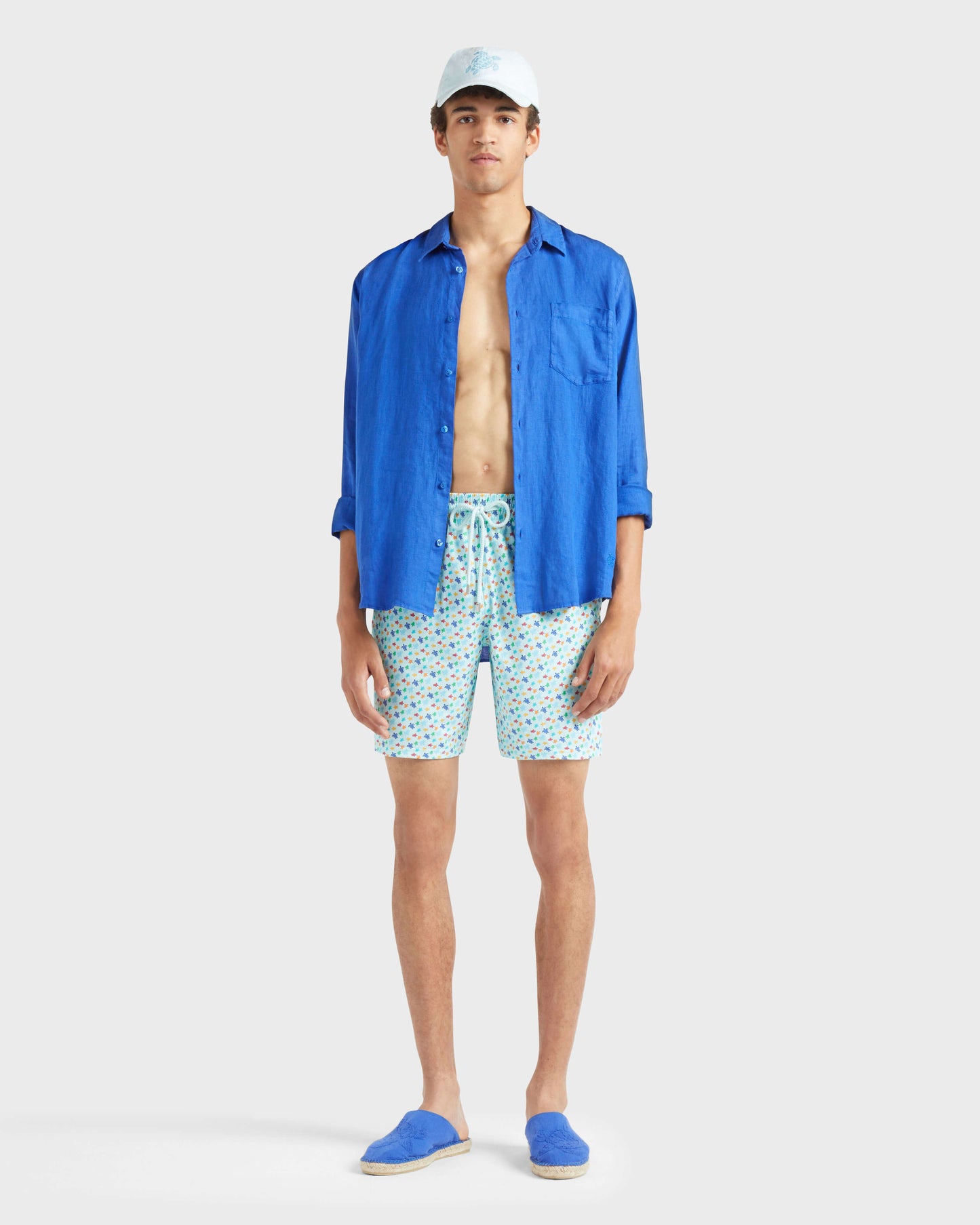 Vilebrequin Men Long Stretch Swim shorts Micro Ronde Des Tortues Rainbow - Blue Pacific