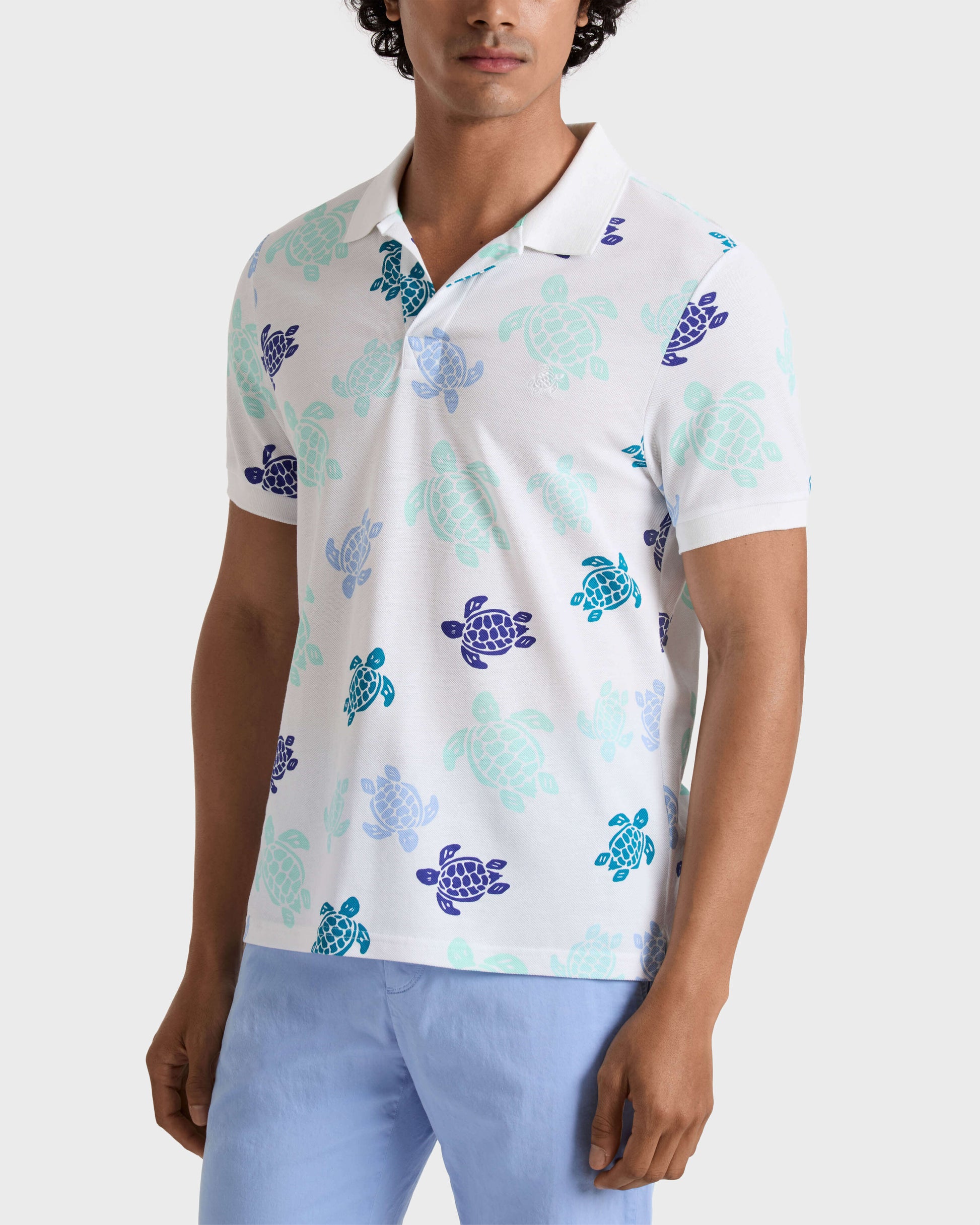 Vilebrequin Men Cotton Pique Polo Ronde des Tortues Multicolores - White